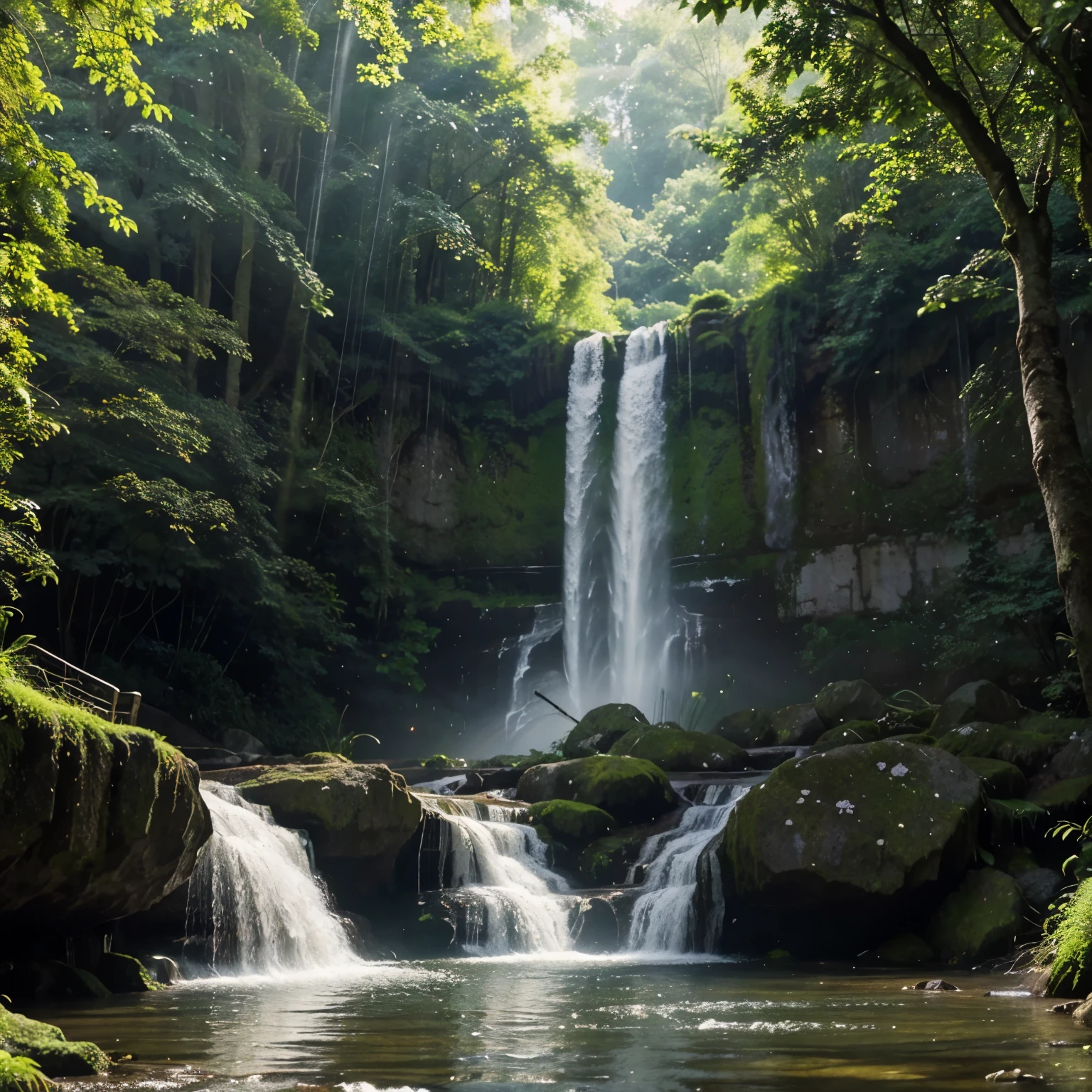 A serene waterfall surrounded by lush greenery, sunlight filtering through the trees, creating a magical atmosphere. The water cascades down with grace and creates a gentle mist in the air. As the light hits the water droplets, rainbows appear, adding a touch of enchantment.