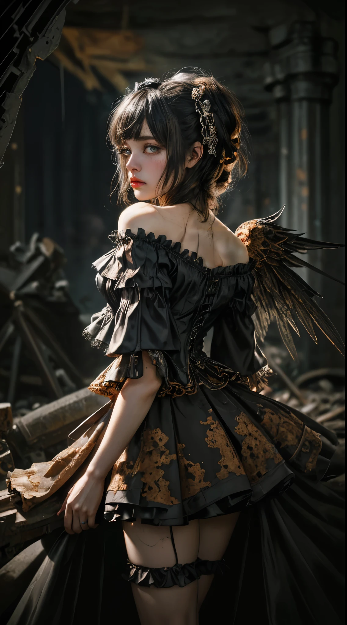 Mechanical girl, (((intricate mechanical wings))), cute and adorable, (((ultra realistic photo, deep field frequency))), (((Victorian rococo style, deteriorating and decaying and rusting, clothes shredded and torn, metal rusted, very overdone steampunk, goth and ta, off-the-shoulder))), (((very short bob with bangs, matted black hair))), (((flared pleated miniskirt with lace and frills))), (((very dark dramatic film-like lighting, very dark ruins, deep depth of field))), (((very large slanted big eyes))), long eyelashes, thin nose, small mouth, beige lips, thin chin, clear white glossy skin, slender body, anatomically correct, deteriorating, rotting and rusting, clothes torn to shreds, rusted metal, background detail, organic, lots of gears, Creates a very realistic yet very dreamlike texture, immersing the viewer in a mesmerizing visual experience, very dramatically improved overall accuracy, beautifully rendered with striking contrast for visual impact, award winning, (((16K, UHD, top quality, masterpiece, highly detailed))).
