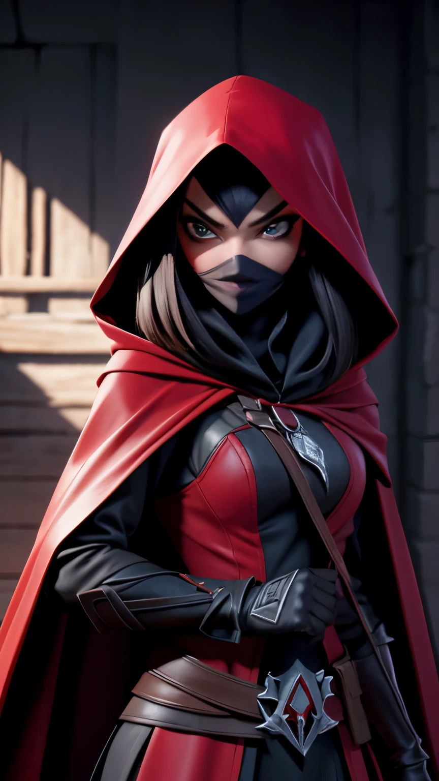 Little red riding hood transformed into an assassin from Assassin's Creed. shed her traditional cape, donning a sleek, black hooded outfit. Her red riding hood became a hood with pointed ends, blending into the shadows. She bore the insignia of the Assassin's Creed, a hidden leaf, on the hidden part of her hood. Her eyes sharpened, reflecting the intensity and focus of a highly skilled assassin. Her face, once innocent and rosy, was now masked by a veil of mystery and danger. Her lips were pressed into a thin line, her gaze unwavering, her demeanor cold and calculated. Her figure was lithe and