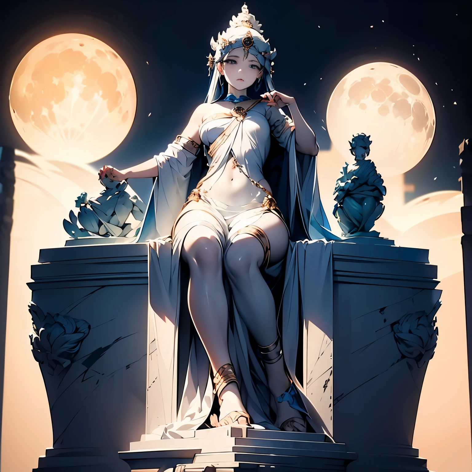 high contrast, marble statue, moonの女神像, whole body, Sit on a pedestal, detailed eyes, detailed face, moon, night, contrast of light and darkness