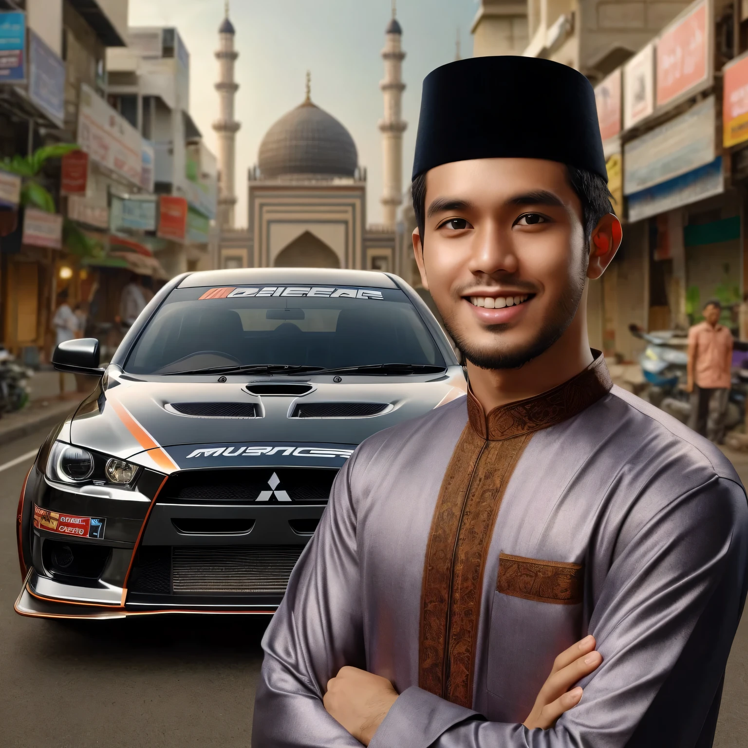 create image photography, a man with a clean Indonesian face, 30 years old, slightly fat, smiling face, wearing Muslim clothes and a typical Islamic peci, as if he had just returned from the mosque, next to him is a Mitsubishi Launcher EVO 10 with modifications such as a racing car and racing livery, the atmosphere of the mosque yard , 18k, Full HD. very real.
