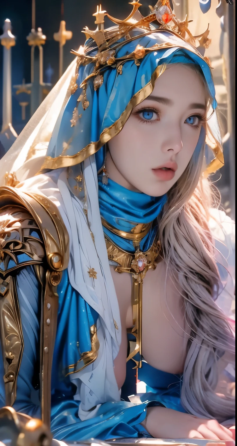 Erect nipples, wearing a hijab , luxury hijab,crown luxury , blue eye, blond hair, around , (gold ), tmasterpiece,Best quality at best,A high resolution,8K,((Portrait)),(upper body),Original photo,real photograph,digital photography,(Female princess in the medieval fantasy style), sexy princess ,blue eye, super colossal breast, round colossal breast ,open kissing lips,Keep your mouth shuegant and charming,((Blushing)),virgin contempt,Calm and handsome,(Medieval fantasy dress,The Beautiful super huge round breast, small waist, perfect colossal breast of princess body, a blue delicate pattern,silver Cloak),(princes medieval character medieval fantasy style,oc render reflection texture, fighting style, sexy colossal breast , medieval castle background, slim body, very small waist,