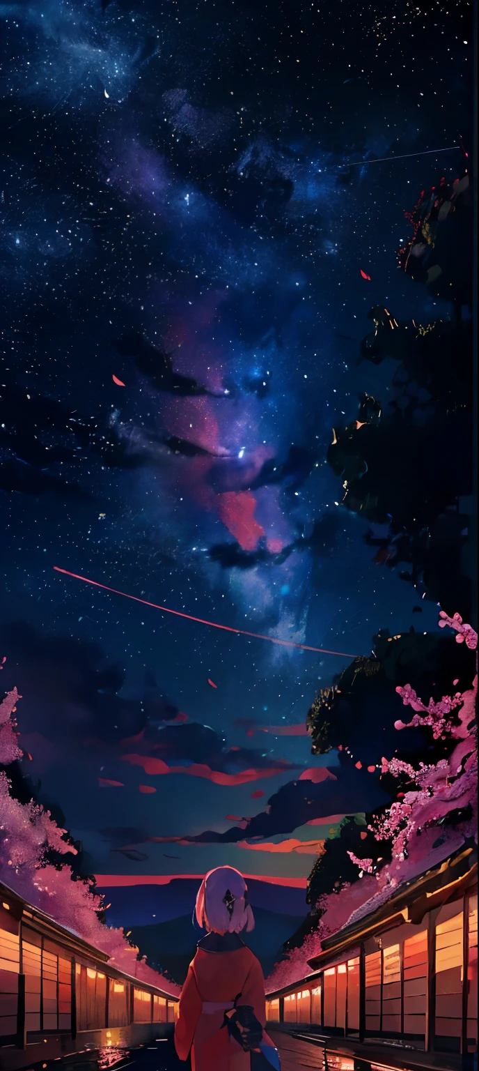 1 girl, distant girl wearing a kimono staring at the performer, (zoomed out:1.1), (Meteors:1.2), (comet:1.1), yourname, Low - Angle, from behind, Alola, shooting star, yukata, red kimono, cherry blossoms, Standing in the field,highest quality, masterpiece, cloud,colorful, starry sky,performer,