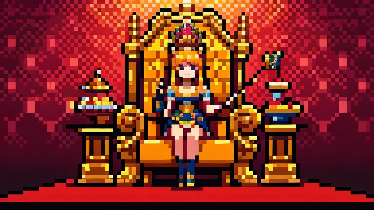 8k, highly detailed, highest quality, Pixel art style, majestic queen bee seated on a royal throne, two guard bees standing beside the queen holding spears with a vigilant stance, hexagonal honeycomb patterns , vibrant and royal color palette
