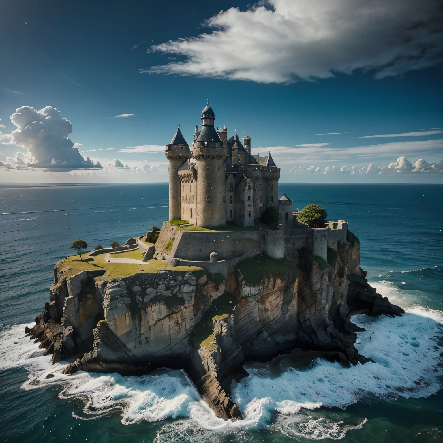 An ancient castle perched on a rugged cliff, overlooking a vast ocean. The sky is filled with dramatic clouds, creating an atmosphere of mystery. A stone bridge connects the castle to the mainland, adding to the sense of isolation and grandeur. The castle walls are adorned with intricate carvings and centuries-old tapestries, telling stories of a bygone era.
