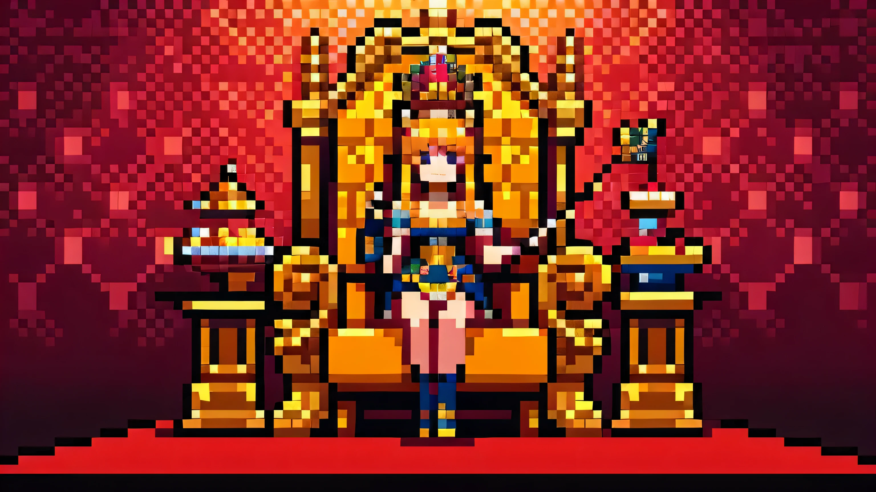 8 bit, detailed shading, highest quality, Pixel art style, concept art, 2d game model, pixel perfect, majestic queen bee seated on a royal throne, bees swarm around the queen bee, hexagonal honeycomb patterns , vibrant and royal color palette