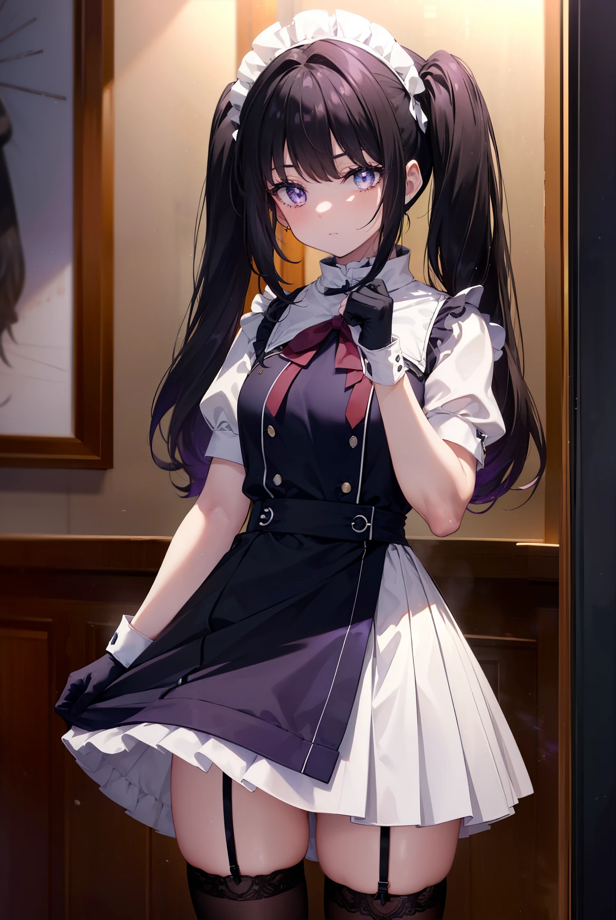 Takiuchi Kame, check it out, long hair, bangs, twin tails, black hair, (purple eyes:1.2),
she was wearing a maid skirt, white stockings on her legs, and lace gloves. Dignified standing figure,
break indoors, Cafe,
break looking at viewer, (cowboy shot:1.5),
break (masterpiece:1.2), highest quality, High resolution, unity 8k wallpaper, (figure:0.8), (detailed and beautiful eyes:1.6), highly detailed face, perfect lighting, Very detailed CG, (perfect hands, perfect anatomy),