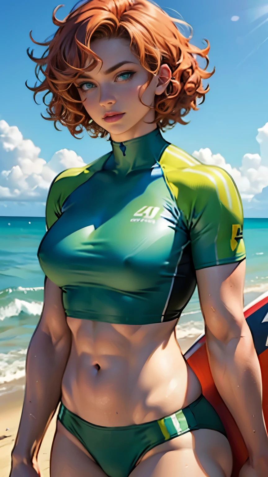 Masterpiece, highest quality, 4k, ultra detailed, beautiful Irish woman, green eyes, ginger hair, short hair, ((curly)) hair, surfer top, crop top, bikini bottoms, muscular body, standing at the beach