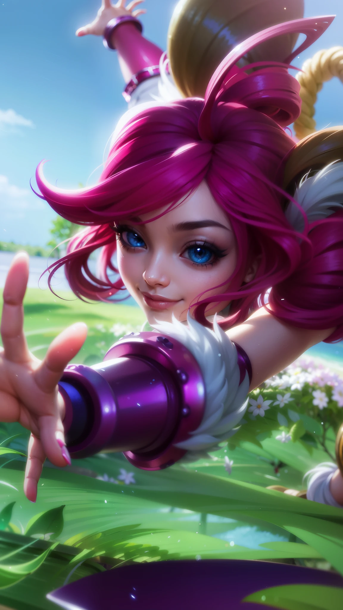 masterpiece, ((perfect eyes)) best quality, (semirealism:1.9), beautiful lighting, (extremely detailed CG unity 4k fhd wallpaper), High Detail, Sharp focus, dramatic outdoors, brown hair, light purpel eyes, a close up of a girl with pink hair flying through the air, league of legends splashart, splash art, vi from arcane, annie from league of legends, league of legends art, league of legends splash art, style artgerm, vi from league of legends, league of legends character, league of legends character art, samira from league of legends, smile.