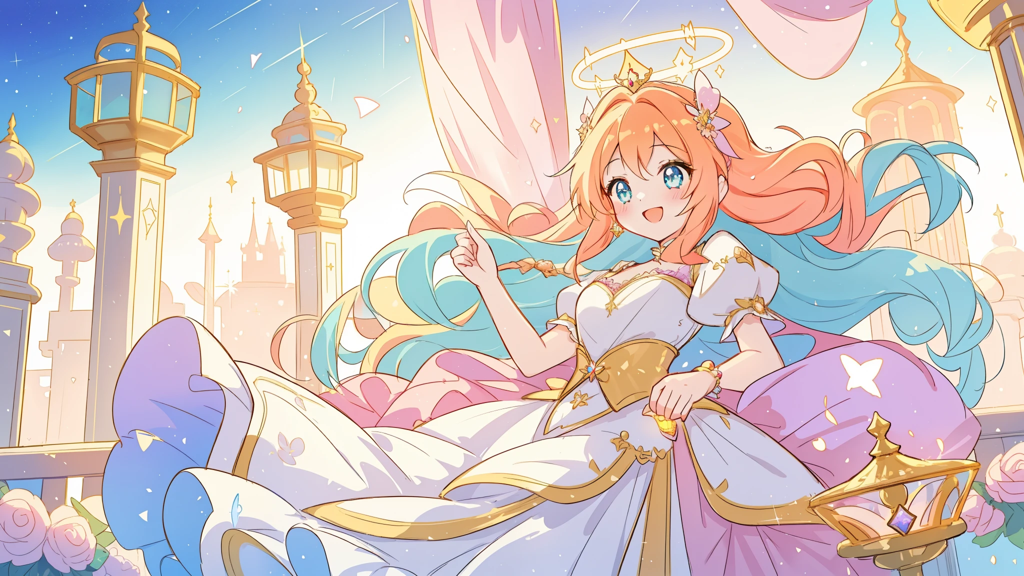 beautiful girl, Fluffy tiered princess ball gown, Vibrant pastel colors, (rich and colorful), magic lights, flowing golden hair, inspired Glenn Keane, inspired author:Louis van Baarle, disney art style, author:Louis van Baarle, A glowing halo surrounds her, Glenn Keane, Just a joke, Luminous lamp! number, 美丽的number插图, fantasy曲背景, whimsical, magic, fantasy, pretty face, ((masterpiece, best quality)), intricate details, Very detailed, sharp focus, 8k resolution, sparkling and delicate eyes