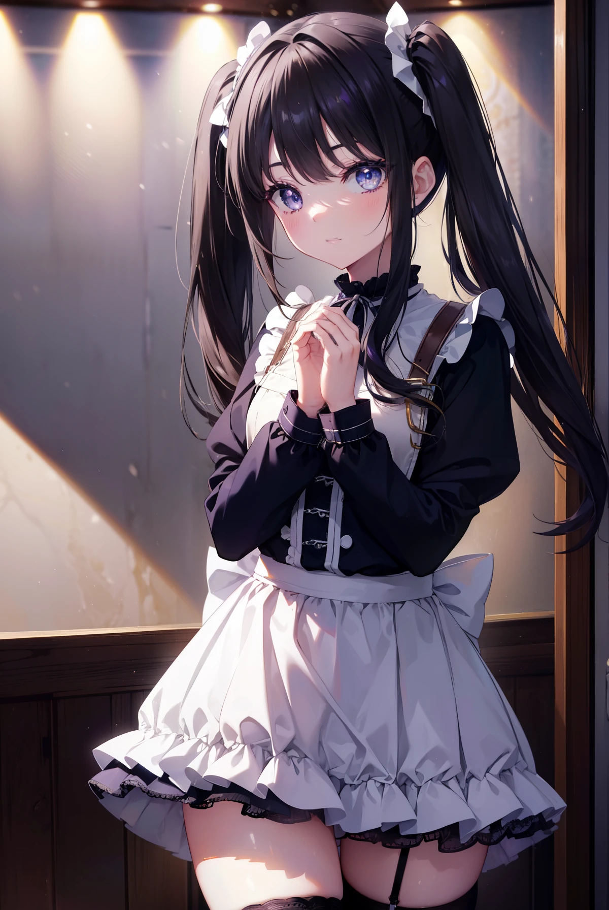 Takiuchi Kame, check it out, long hair, bangs, twin tails, black hair,blush,smile, (purple eyes:1.2),
she was wearing a maid skirt, white stockings on her legs, and lace gloves. Dignified standing figure,
break indoors, Cafe,
break looking at viewer, (cowboy shot:1.5),
break (masterpiece:1.2), highest quality, High resolution, unity 8k wallpaper, (figure:0.8), (detailed and beautiful eyes:1.6), highly detailed face, perfect lighting, Very detailed CG, (perfect hands, perfect ???????),