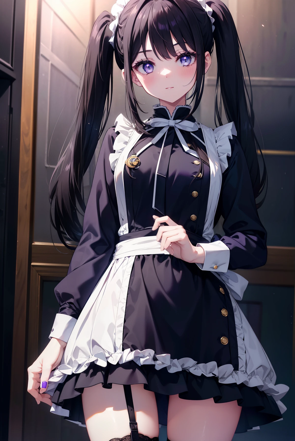 Takiuchi Kame, check it out, long hair, bangs, twin tails, black hair,blush,smile, (purple eyes:1.2),
she was wearing a maid skirt, white stockings on her legs, and lace gloves. Dignified standing figure,
break indoors, Cafe,
break looking at viewer, (cowboy shot:1.5),
break (masterpiece:1.2), highest quality, High resolution, unity 8k wallpaper, (figure:0.8), (detailed and beautiful eyes:1.6), highly detailed face, perfect lighting, Very detailed CG, (perfect hands, perfect anatomy),