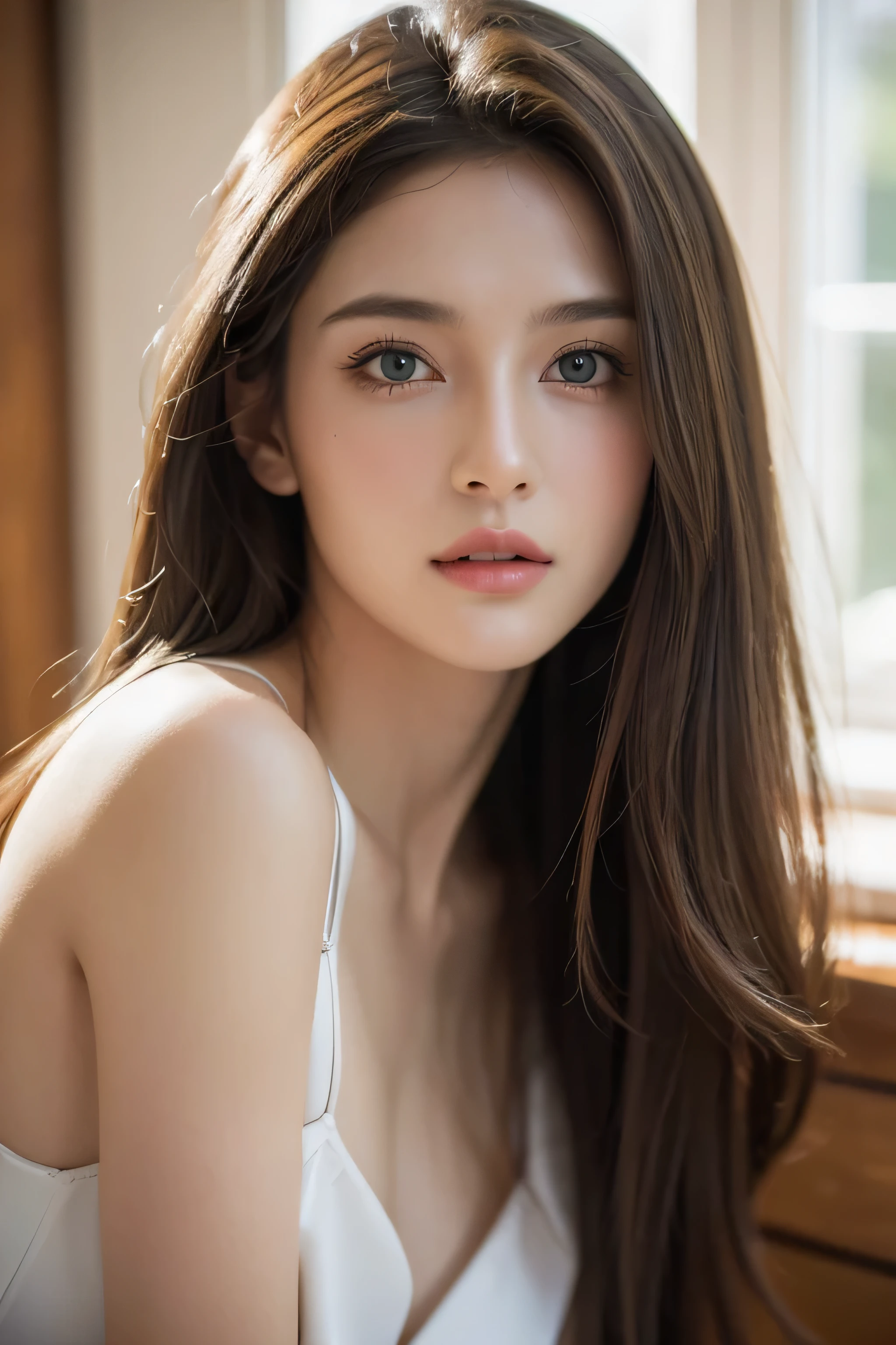 (best quality,4k,8k,highres,masterpiece:1.2),ultra-detailed,(realistic,photorealistic,photo-realistic:1.37),beautiful detailed eyes,beautiful detailed lips,green eyes,photography,professional,vivid colors,portrait,brunette hair,long flowing hair,fashionable outfit posing for modeling,28 years old,photoshoot,artistic composition,soft lighting,medium:oil painting,