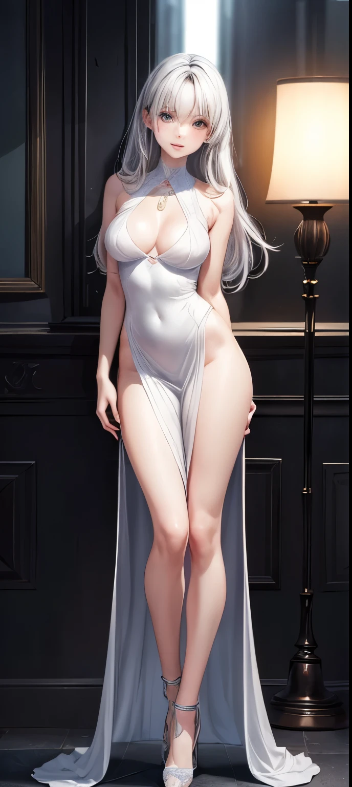 ((focus on the face)),NSFW, (full body shot, full body photo), ((Cute symmetrical face)),8k, highest quality, photo realistic, Highly detailed 8k wallpaper,(biologically correct form),(masterpiece:1.2, highest quality), (realistic, photorealistic:1.4), beautiful illustrations, (natural side lighting, movie lighting), looking at the viewer, 1 girl,silver hair, 25 years old, perfect face, perfect body, shiny skin, beautiful hair, beautiful face, beautiful eyes, 緻密でbeautiful eyes, beautiful body, beautiful breasts, beautiful arms、((beautiful thin legs)), (small butt、Narrow thighs),blush,、upward glance、 (High heels of the same color on the left and right and anklets of the same color), (cute smile), (full length rubber long dress、Shiny toe stockings)、Head-to-toe depiction、detailed facial depiction、Correct number of limbs、