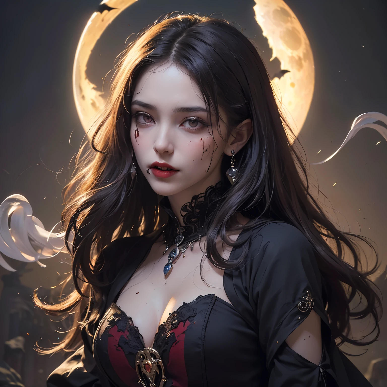 (Numerous award-winning masterpieces, with incredible detail, textures and maximum detail), (hyper realistic:1.4), (realistic:1.3), (best quality real texture skin), ((five perfect and beautiful fingers)), (finely detailed true circle Symmetrical eyes), (finely Detailed and beautiful face:1.6), ((finely detailed face)), (Image of aesthetic and decadent atmosphere: 1.5), (Pale but beautiful face:1.6), (Full body image:1.7), (Vampire nobility:1.6), (Vampire royalty:1.6), (bio luminescent red eyes), (A pair of red eyes with strong red light emitting from within:1.7), (Two thick, long, sharp canine teeth protruding from the lips:1.6), (An old dress of subdued dark colors covering the entire body Quite damaged but elegant and delicately made:1.8), ((only have two arms)), (elegant and luxuriously crafted accessories:1.3), ((Less skin exposure)), (Anatomically correct limbs and physique:1.4), (medieval furnishings with elegant and delicate carvings: 1.3), ((dramatic photo)), ((cinematic light)), (Full-length portrait:1.7), (looks up), (looking down), (dramatic pose), (smoke effects and bewitching light), beautiful white hair, beautiful silver hair, beautiful blonde hair, Wind Effects, (Drifting purple smoke: 1.3), Ruins of an old castle, ((Royal Underground Tombs)), Deserted ruins, ((Dark nights, full moon nights, new moon nights)), epic realistic, ((neutral colors)), (hdr:1.5), (muted colors:1.2), hyper detailed, cinematic, warm lights, dramatic light, (intricate details:1.1), complex background,