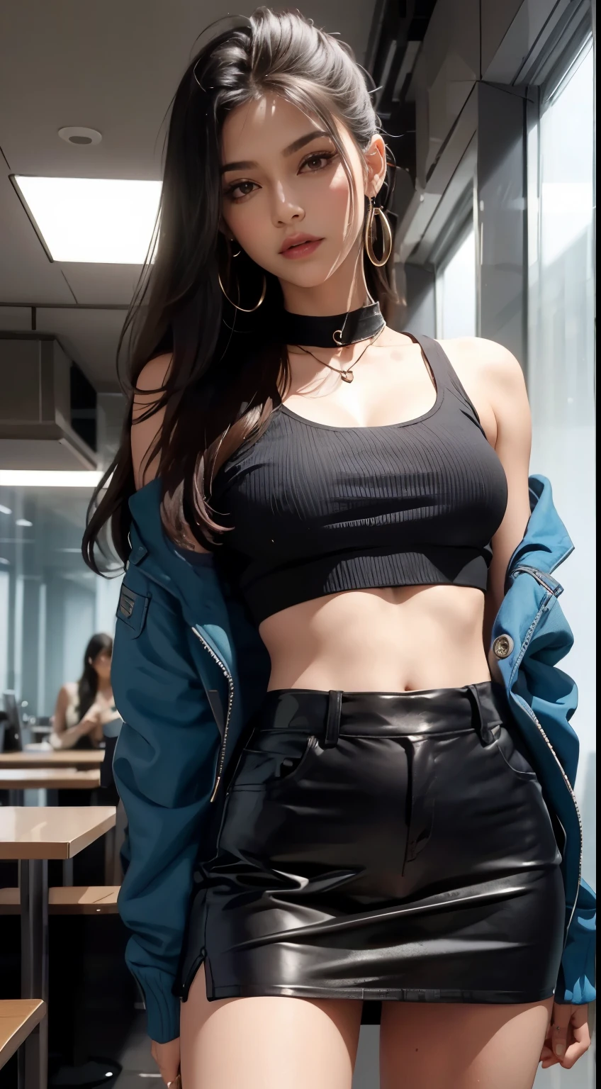 1 beautiful woman, Crop top, Mini skirt, posing on a, Looks like model Lucy Pinde