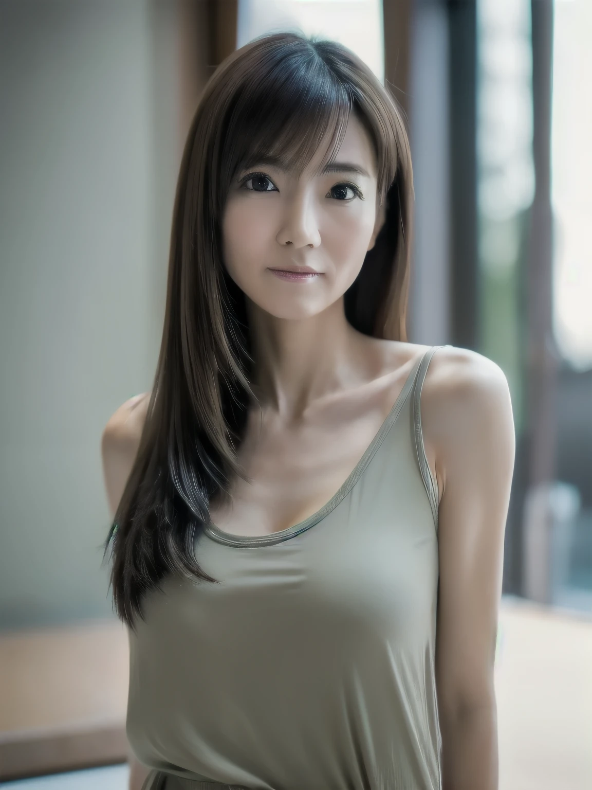 a skinny Japanese lady, 35 years old, (realistic), (hyperrealism), (photorealistic), (8K resolusion), depth of field, (upper-body:1.2), super detailed face, detailed eyes, cute face, various face expression, various hair style, (small breasts:0.6), (very thin waist:0.7), casual outfit