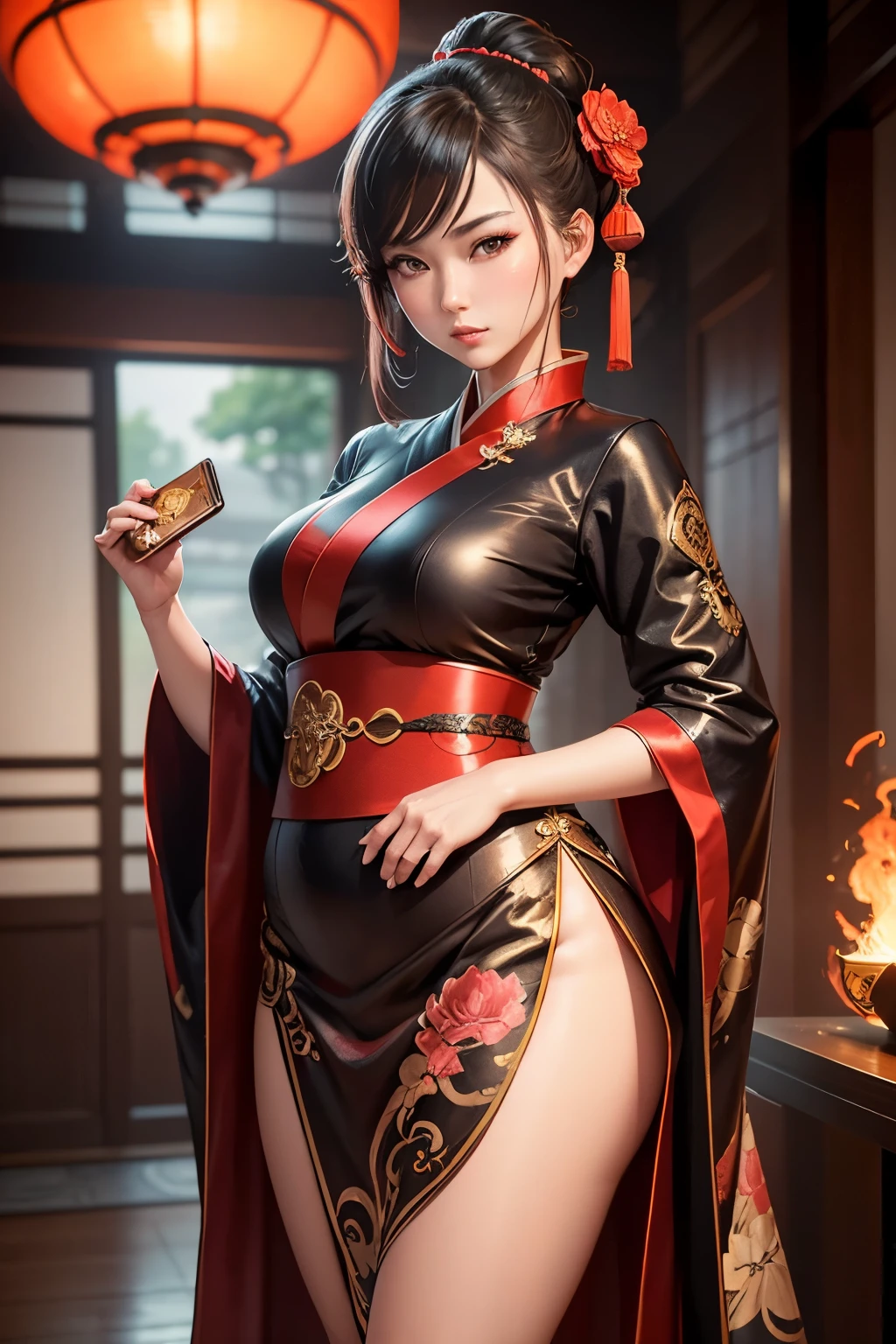 Masterpiece, best quality, rich details , video game Genshin Impact, Genshin Impact style, 1 girl, (seductive), sexy expression, (adult female), 30 years old, smoky, full body, ((complex background)), plump is figure, chinoise, hanfu, fire, chinese architectural background