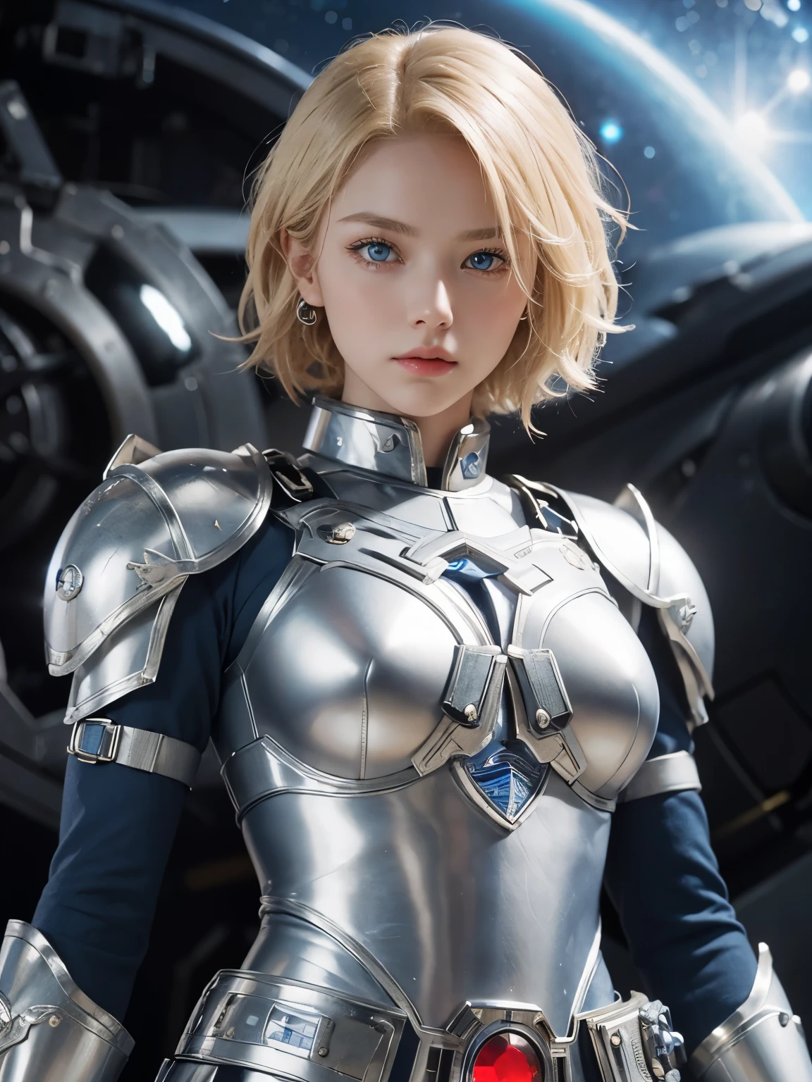 A beautiful woman. 20s. Blonde hair and blue eyes. She is looking at the camera with a defiant expression. She wears a silver metallic battle uniform. There is something on his waist that is reminiscent of Kamen Rider's transformation belt. In her background is an image of outer space and a giant space battleship. A masterpiece.