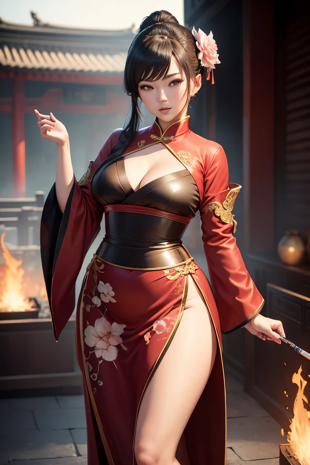 Masterpiece, best quality, rich details , video game Genshin Impact, Genshin Impact style, 1 girl, (seductive), sexy expression, (adult female), 30 years old, smoky, full body, ((complex background)), plump is figure, chinoise, hanfu, fire, chinese architectural background