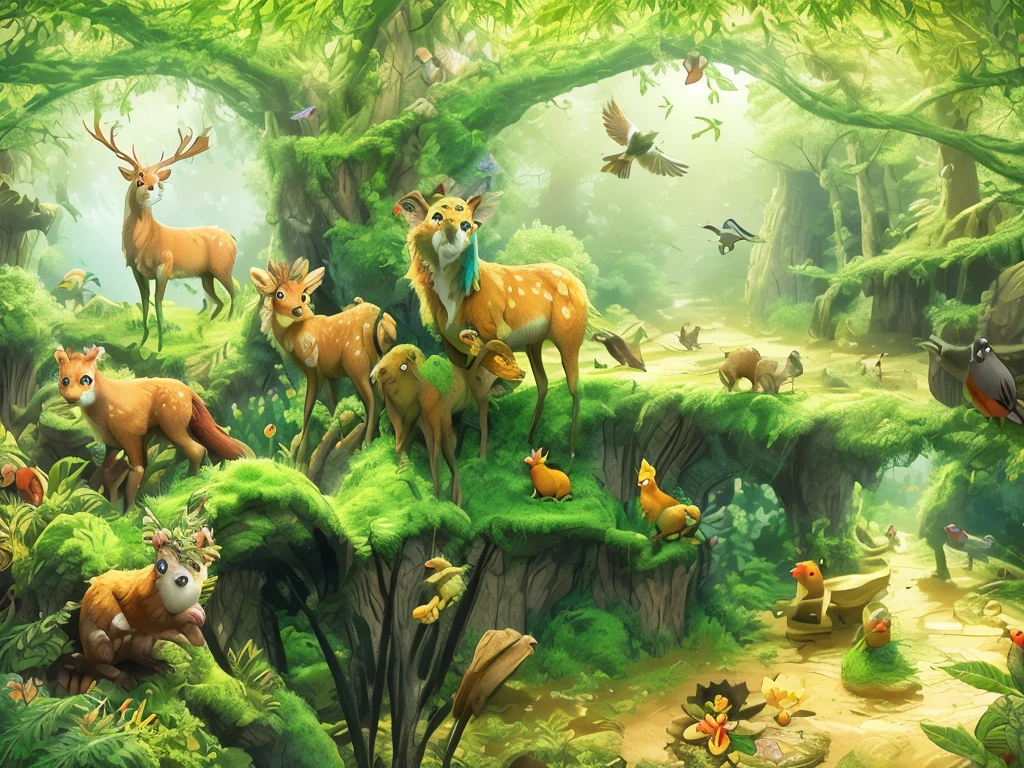 Image of forest scene with animals and birds, filled with fauna, Detailed beautiful animals, in the glade, Magical fantasy forest, in forest clearing, 美丽的大nature, flora and fauna, lush wildlife, nature of reality, enchanted forest, In a picturesque forest diorama, amazing depth, fairy tale kingdom forest, nature, bright fauna