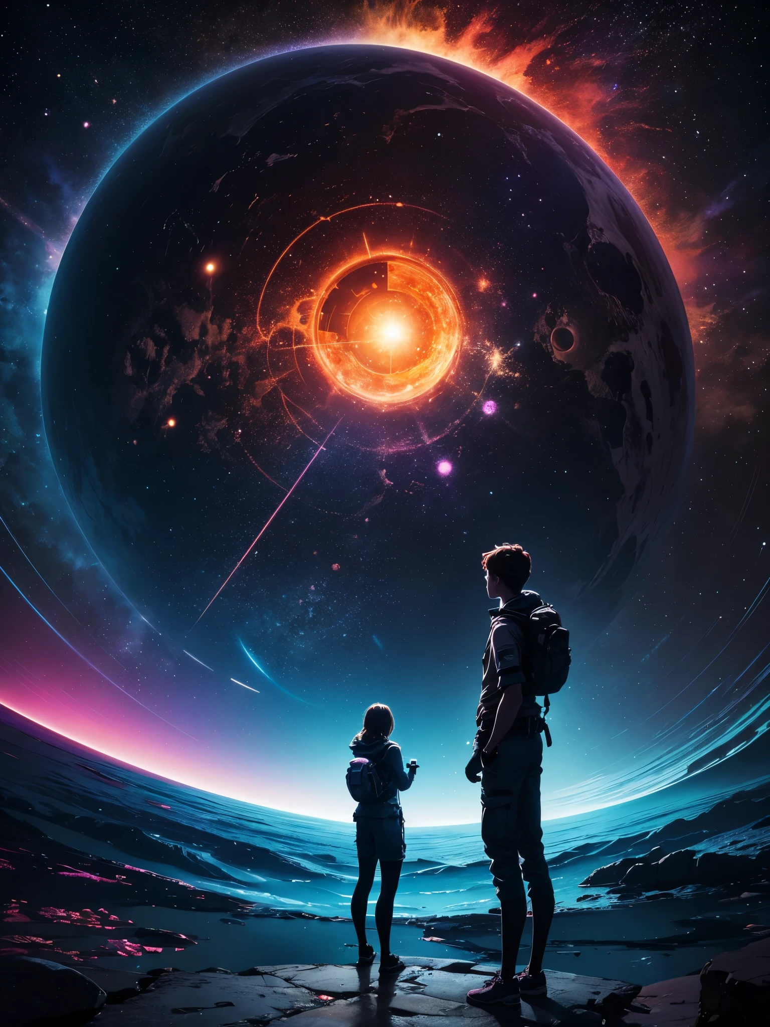 Picture an image featuring a person immersed in a vibrant and dynamic environment that encapsulates the essence of various scientific fields. The person, portrayed as an avid explorer, stands at the center, symbolizing the curiosity and passion for knowledge. dark sky.