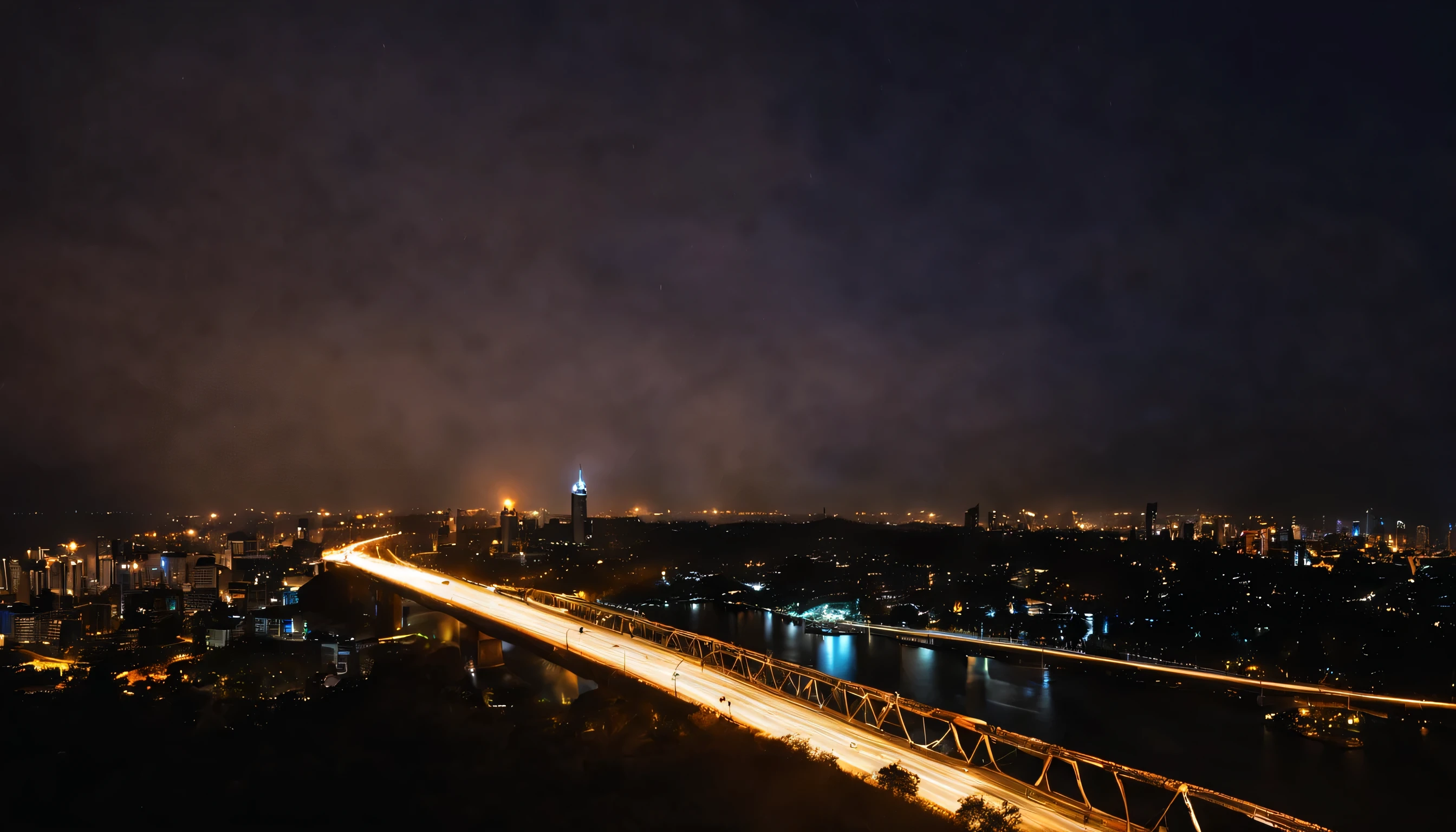 perkotaan di malam hari, di tengah tengah bangunan, dengan genangan air yang memantulkan bangunan bangunan ,malam hari penuh dengan lampu lampu, detailed, hd , 4k, hd resolution