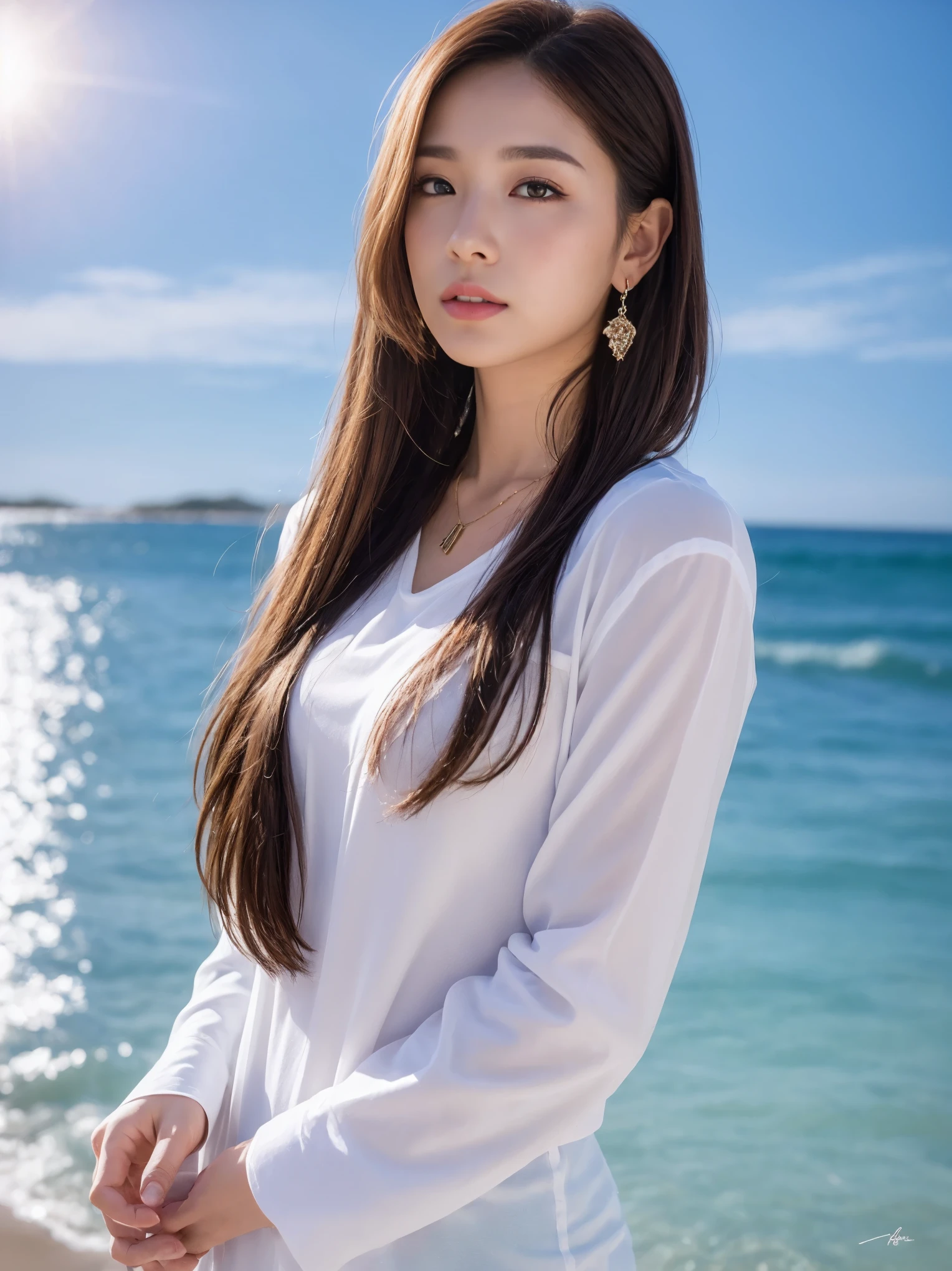 highest quality, highest quality, unlimited details, 8K resolution, Delicate beautiful girl, goddess, Fairy Fluttering, beautiful eyes, charming eyes, moist lips, long tan hair, slightly curled, bright red face, detailed depicted face, Detailed depiction, Detailed facial features, master masterpiece, detailed drawn characters, detailed portrayed hair, detailed portrayed hair, detailed portrayed hair, detailed depicted body, detailed hand, detailed depicted clothes, detailed depicted face, perfect face, ultimate weapon, hair, towards the viewer, shirt, boots, necklace, lipstick, earrings, sunset, standing posture, full body photo, master work, extremely close to reality, Distant whole body perspective, at the seaside, Deep blue ocean, Deep blue ocean, deep blue sky, plump upper body, white transparent shirt on upper body, Short hip skirt with plump lower body, big , big ass, perfect proportions, shirt,