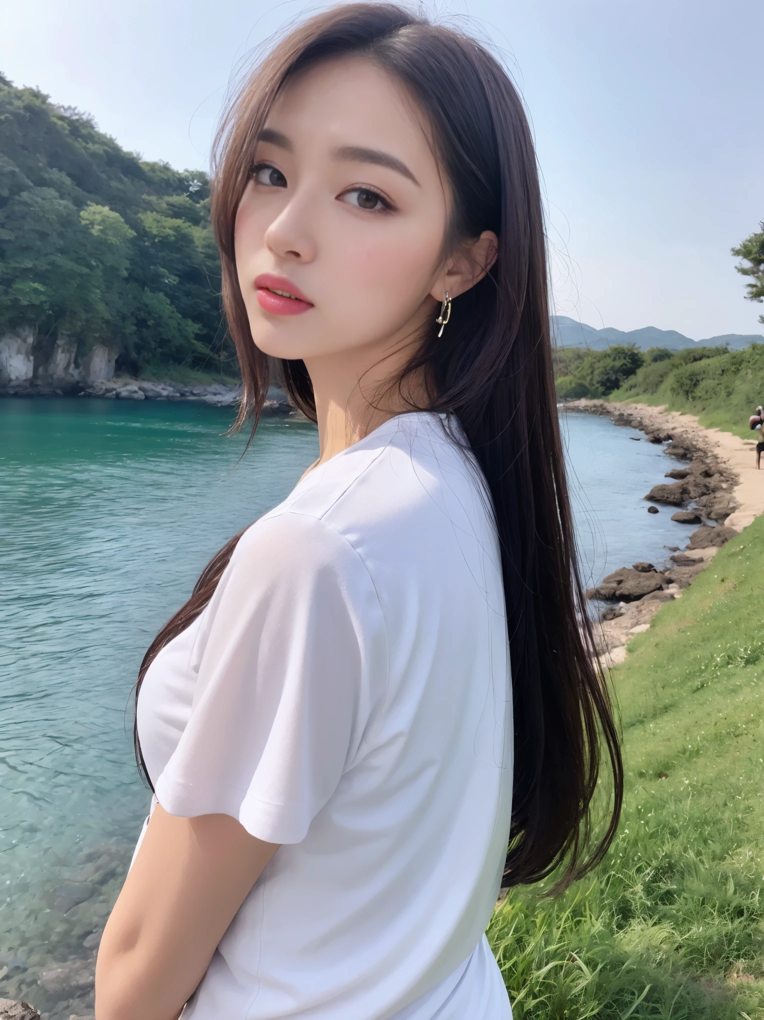 highest quality, highest quality, unlimited details, 8K resolution, Delicate beautiful girl, goddess, Fairy Fluttering, beautiful eyes, charming eyes, moist lips, long tan hair, slightly curled, bright red face, detailed depicted face, Detailed depiction, Detailed facial features, master masterpiece, detailed drawn characters, detailed portrayed hair, detailed portrayed hair, detailed portrayed hair, detailed depicted body, detailed hand, detailed depicted clothes, detailed depicted face, perfect face, ultimate weapon, hair, towards the viewer, shirt, boots, necklace, lipstick, earrings, sunset, standing posture, full body photo, master work, extremely close to reality, Distant whole body perspective, at the seaside, Deep blue ocean, Deep blue ocean, deep blue sky, plump upper body, white transparent shirt on upper body, Short hip skirt with plump lower body, big , big ass, perfect proportions, shirt,