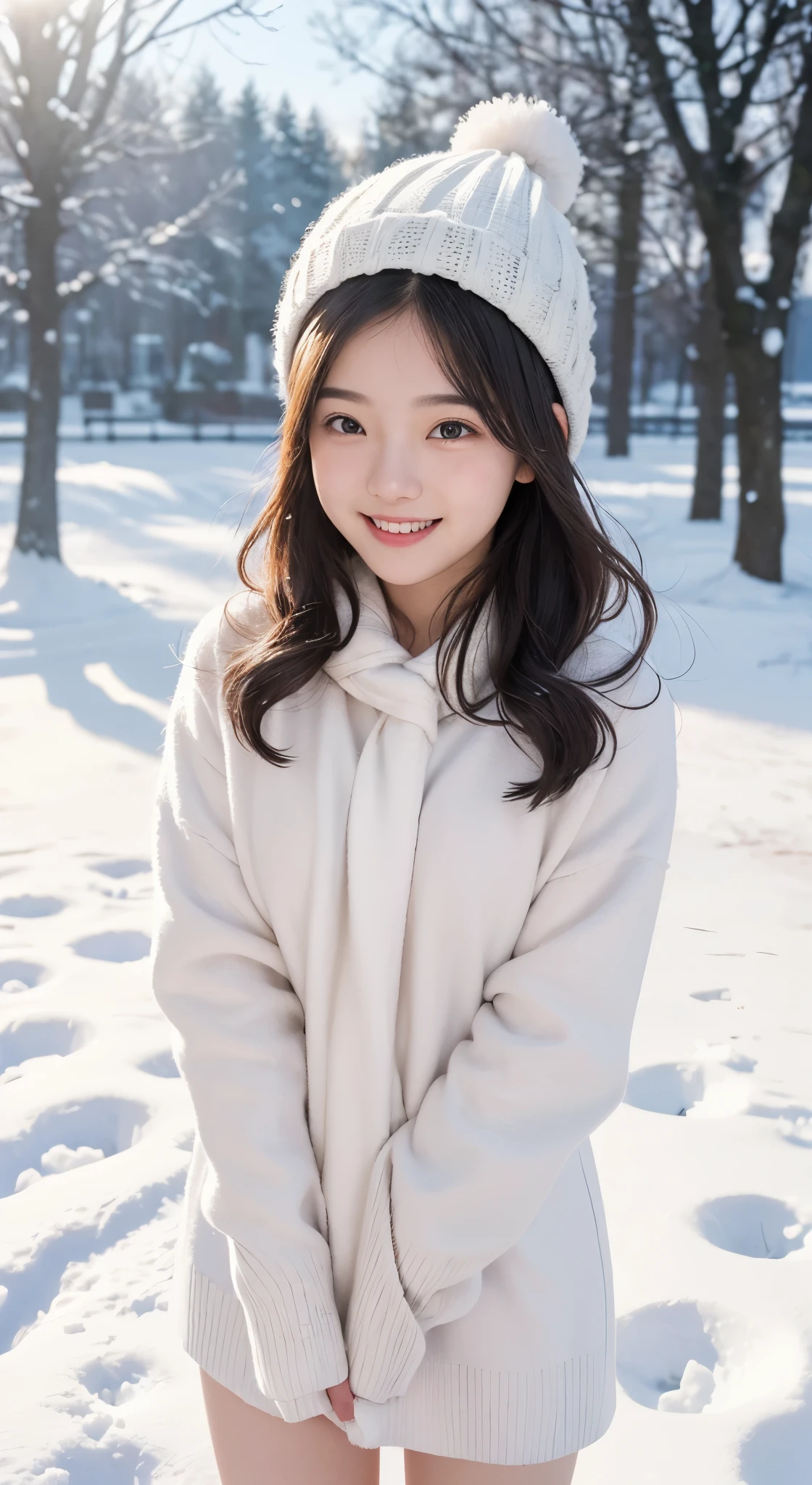 (Photographed by my boyfriend)、((No clothes))、((full nude))、(It's so cold I want to cry)、I'm so embarrassed、order an embarrassing pose、((front view))、(highest quality、masterpiece)、NSFW、Stylish nudity、blush、Life、8k、ribbon hair ornament、looking at the viewer、wavy hair、laughter、open your mouth and smile、smile、Good atmosphere on site、with a 17 year old girl, snow scene, winter wonderland, cute and innocent look, rosy cheeks, sparkling eyes, woolen hat、Pose with movement、footsteps in the snow, falling snowflakes, frosty tree, snow ground, soft snow texture, gentle and delicate lighting, pastel color palette, dreamy atmosphere, quirky and magical, 高解像度のmasterpiece:1.2, Super detailed, realistic:1.37, bright colors, Bokeh、無邪気なsmile、hair blowing in the wind、close up of face、Smiling、