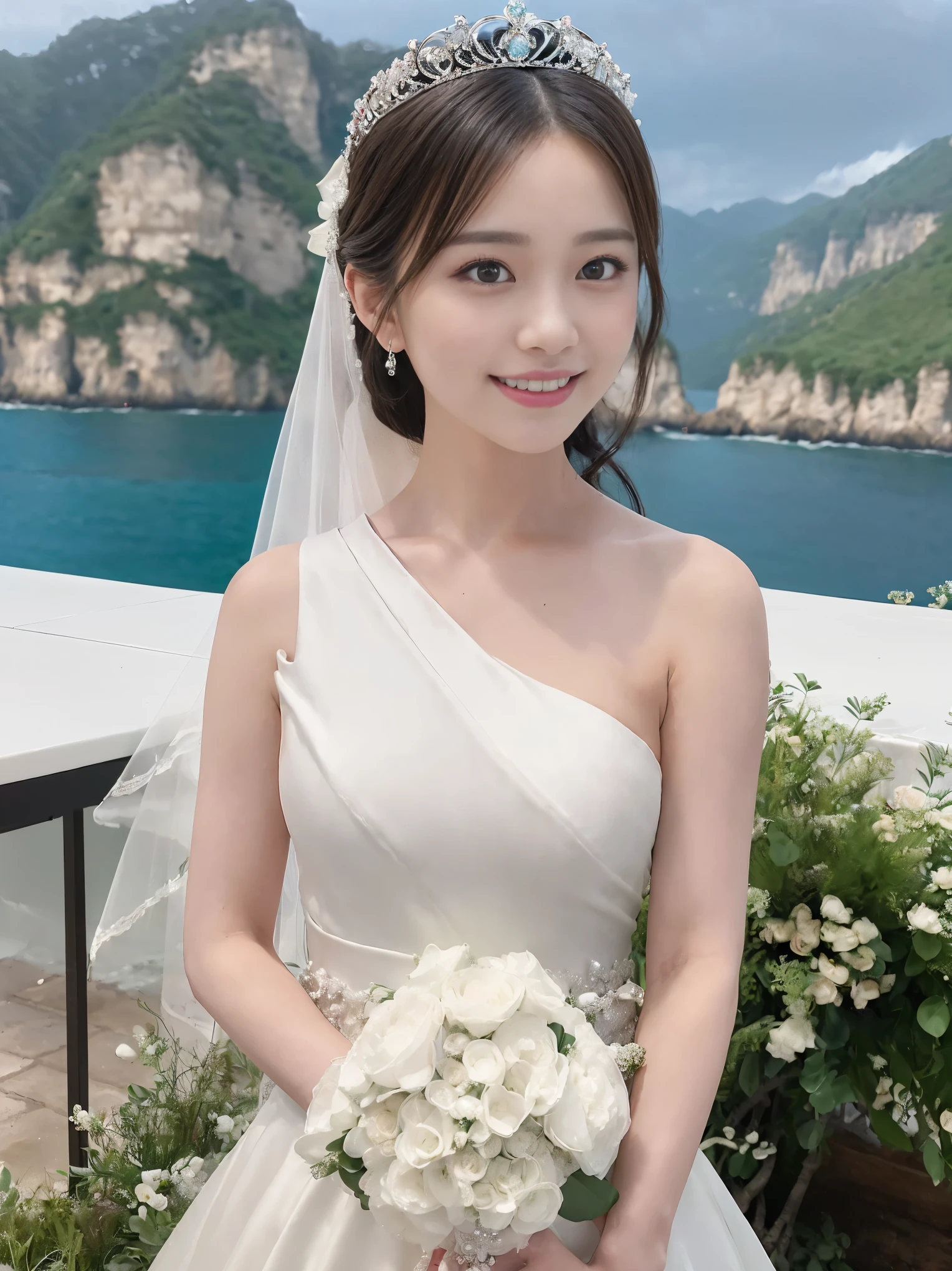 (highest quality, table top:1.2), (realistic:1.3), (非常にdetailed background, detailed background), Bokeh,shot from the side,  ((medium breasts)), [[valley]],(princess line wedding dress:1.3),(((one shoulder:1.3))), bridal tiara, bridal veil, bridal gauntlet,  Upper body, (Wedding venues near the sea:1.2), smile,