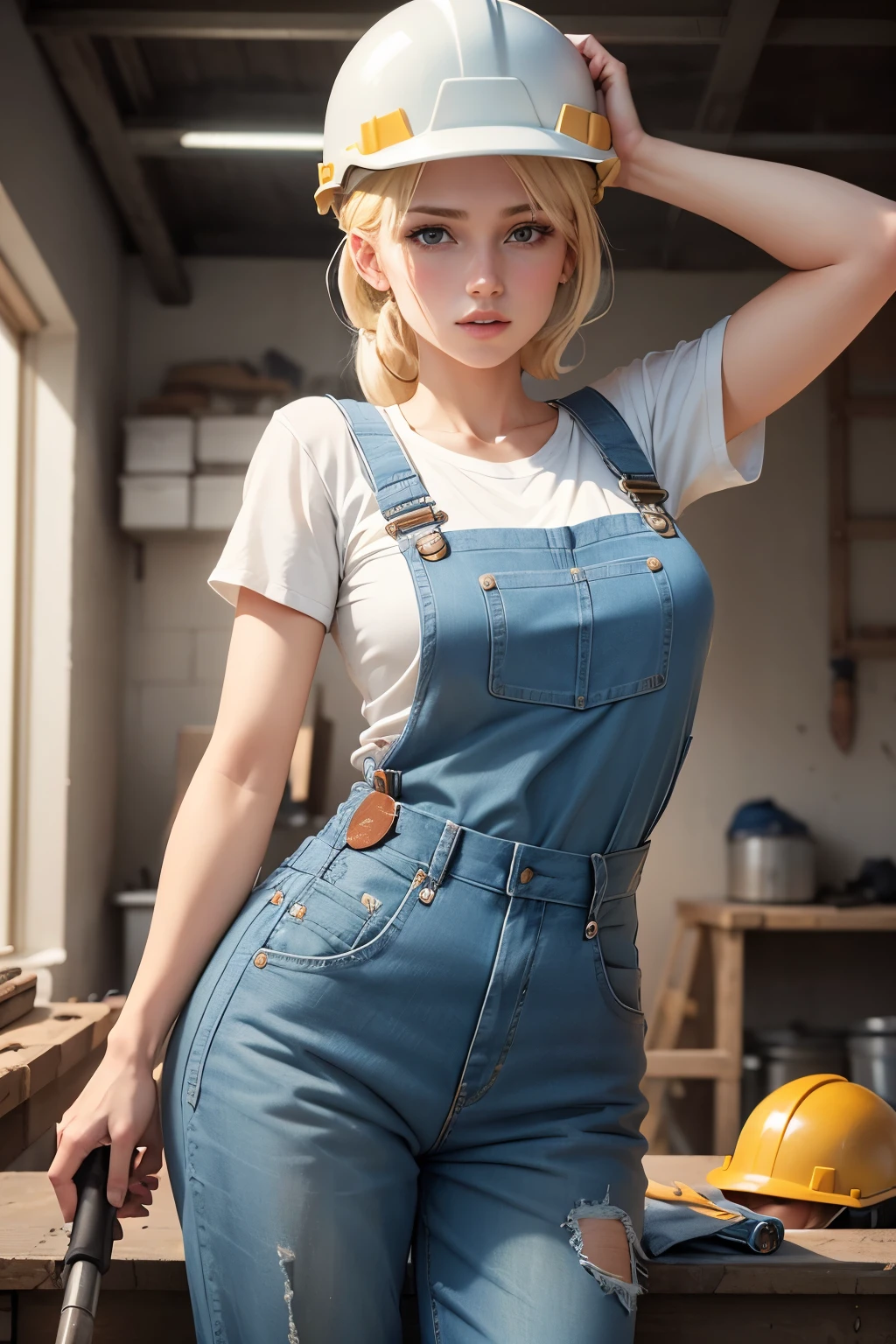 a beautiful young 20-year-old blond woman with pinned-up blond hair, He wears a white T-shirt and blue dungarees, Wearing a construction helmet and a tool belt, Hintergrund eine Baustelle