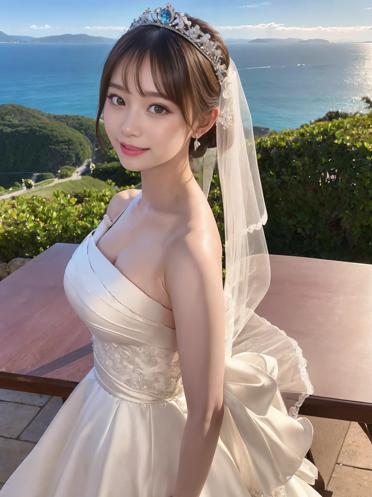 (highest quality, table top:1.2), (realistic:1.3), (非常にdetailed background, detailed background), Bokeh,shot from the side,  ((medium breasts)), [[valley]],(princess line wedding dress:1.3),(((one shoulder:1.3))), bridal tiara, bridal veil, bridal gauntlet,  Upper body, (Wedding venues near the sea:1.2), smile,