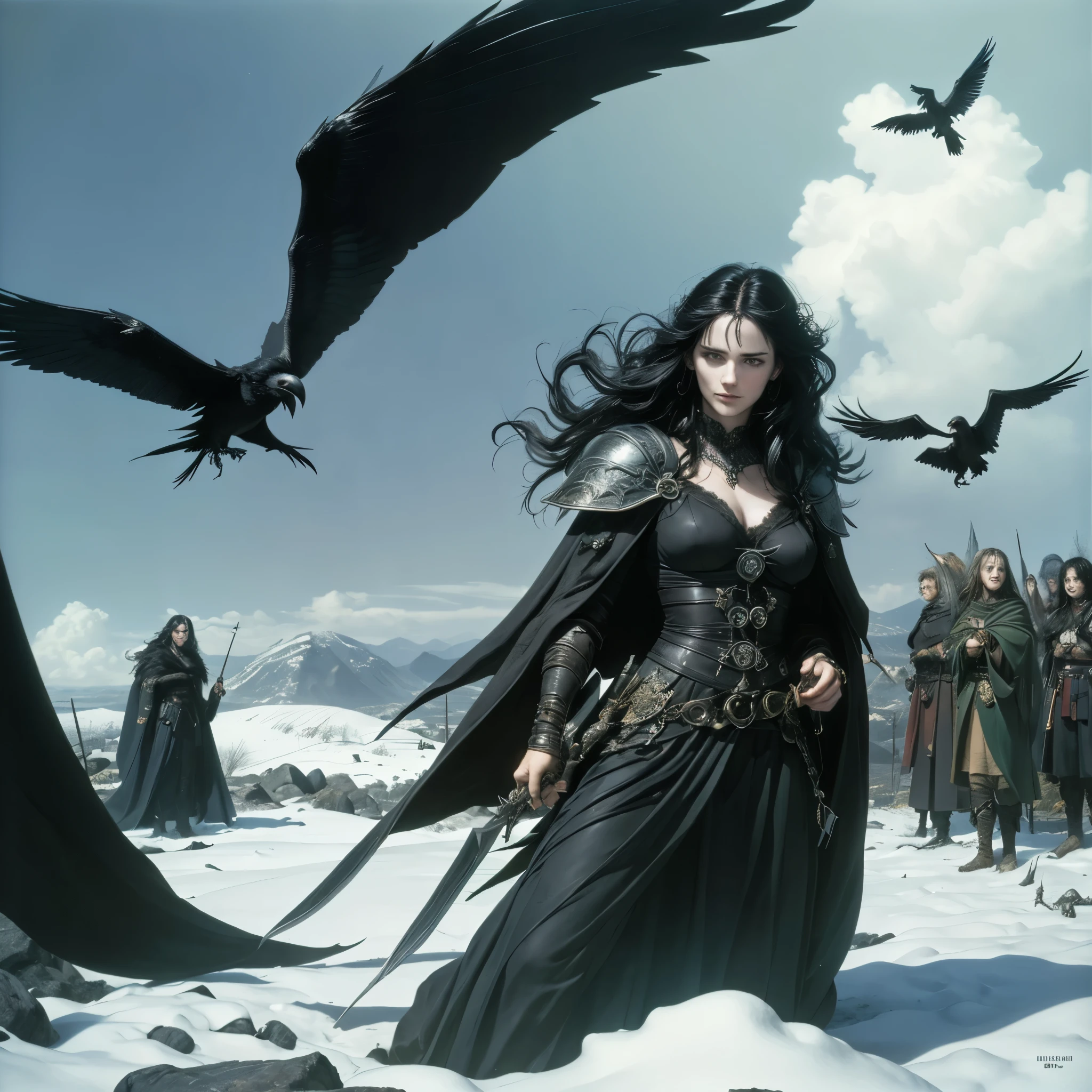 (best quality,4k,8k,highres,masterpiece:1.2),ultra-detailed, Irish Goddess the Morrigan, 3v4gr33n, raven black hair, cold dark eyes, standing on a celtic battlefield, sky filled with ravens, corpses on the ground, drawn in the style of Yoshitaka Amano, HDR, 8k, absurdres, cinestill 800, sharp focus