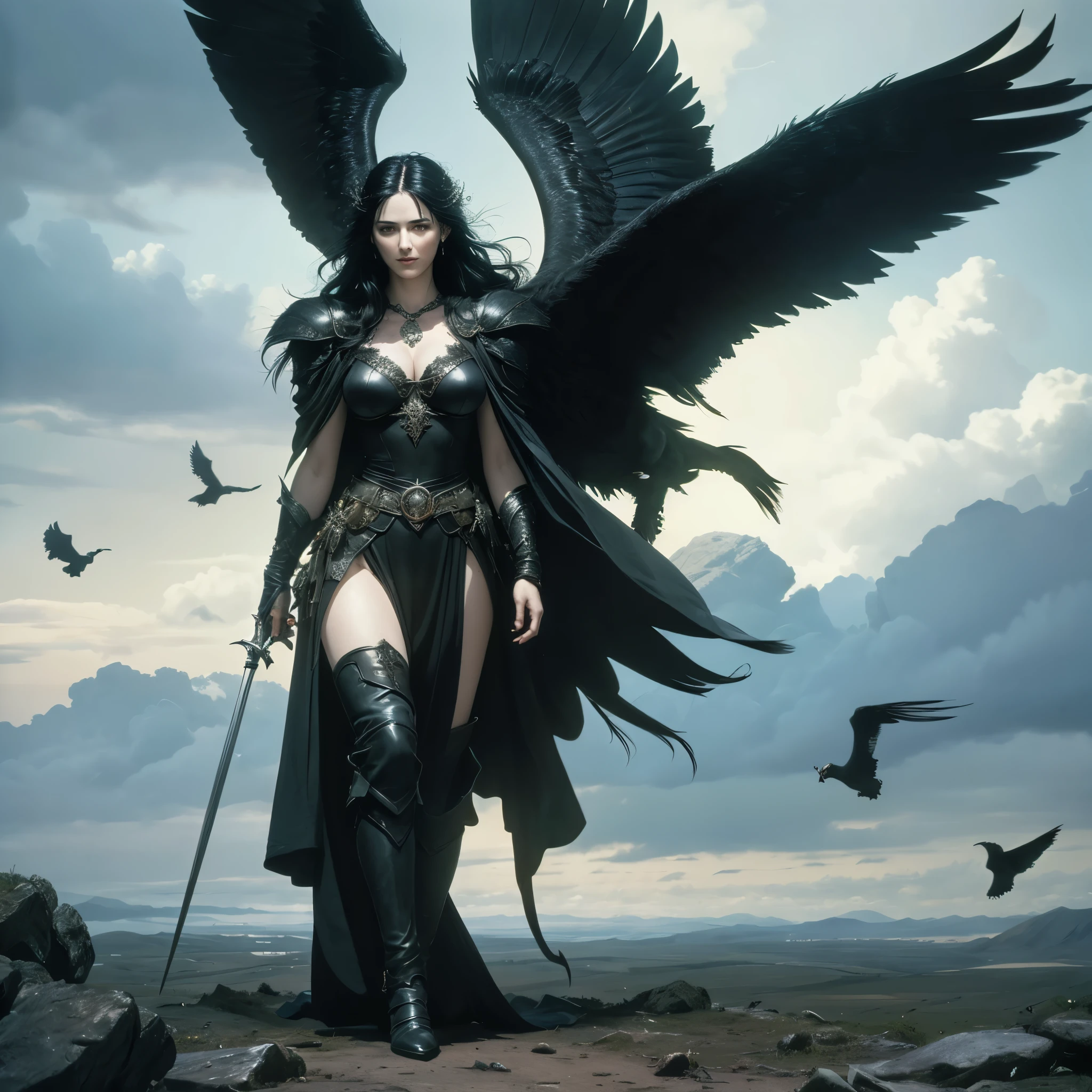 (best quality,4k,8k,highres,masterpiece:1.2),ultra-detailed, Irish Goddess the Morrigan, 3v4gr33n, raven black hair, cold dark eyes, standing on a celtic battlefield, sky filled with ravens, corpses on the ground, drawn in the style of Yoshitaka Amano, HDR, 8k, absurdres, cinestill 800, sharp focus