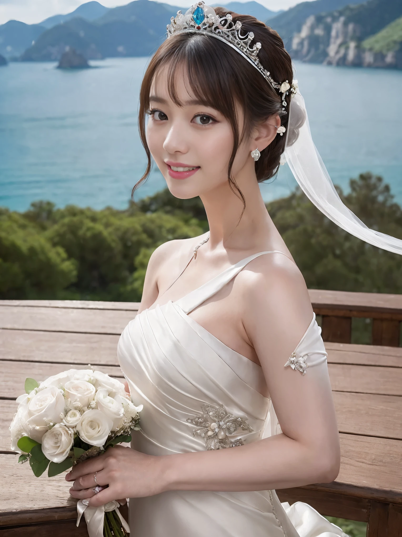 (highest quality, table top:1.2), (realistic:1.3), (非常にdetailed background, detailed background), Bokeh,shot from the side,  ((medium breasts)), [[valley]],(princess line wedding dress:1.3),(((one shoulder:1.3))), bridal tiara, bridal veil, bridal gauntlet,  Upper body, (Wedding venues near the sea:1.2), smile,