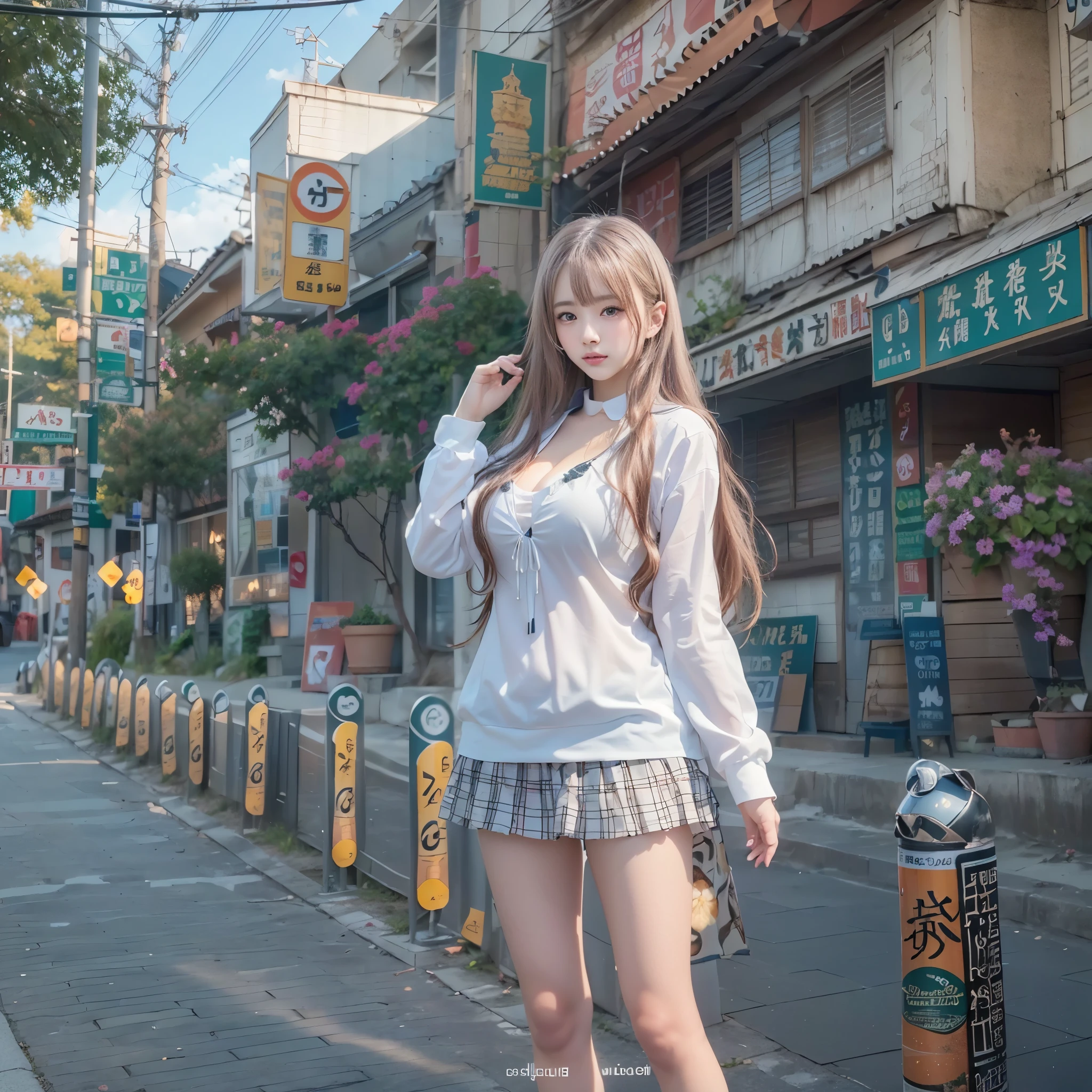 (realistic、Like a photograph、live action、8k, Photoreal, RAW photo, best image quality: 1.4), Single-lens reflex camera、RAW photo, highest quality, realistic, Highly detailed CG Unity 8k wallpaper, Depth of written boundary, cinematic light, Lens flare, ray tracing, realistic background、(wearing seifuku:1.2、knee socks、cleavage:1.37、big breasts:1.3、((super dense skin))、1 female、beautiful japanese woman、Japanese high school girl、((whole body:1.5)、looking at the viewer:1.1、Upper grade、embarrassed look、long hair:1.2、i like the style、fashionable hairstyle、Super detailed character description、pay attention to details、hair arrangement、hair up、perfect fashion、(white skin)、beautiful feet:1.1，standing in the street、View from below