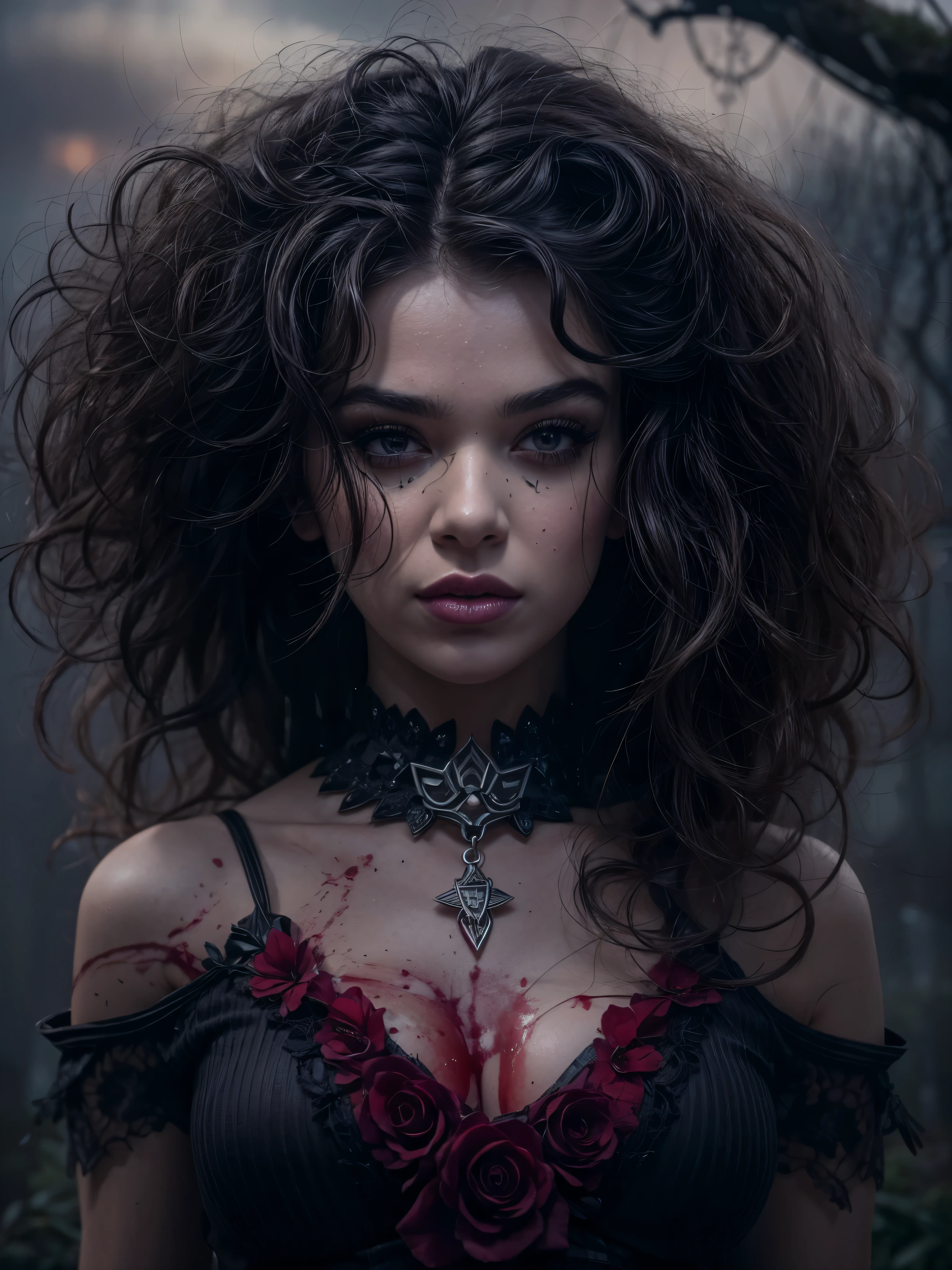 gorgeous woman, photorealistic beautiful temptress, diabolic, curly hair, From, dark sky, frowning, exotic black and red vilain dress, collar style necklace, eyes the color of blood, detailed face, Goth, whole body, dark fantasy, bloody, Foggy Cemetery, Brown eyes