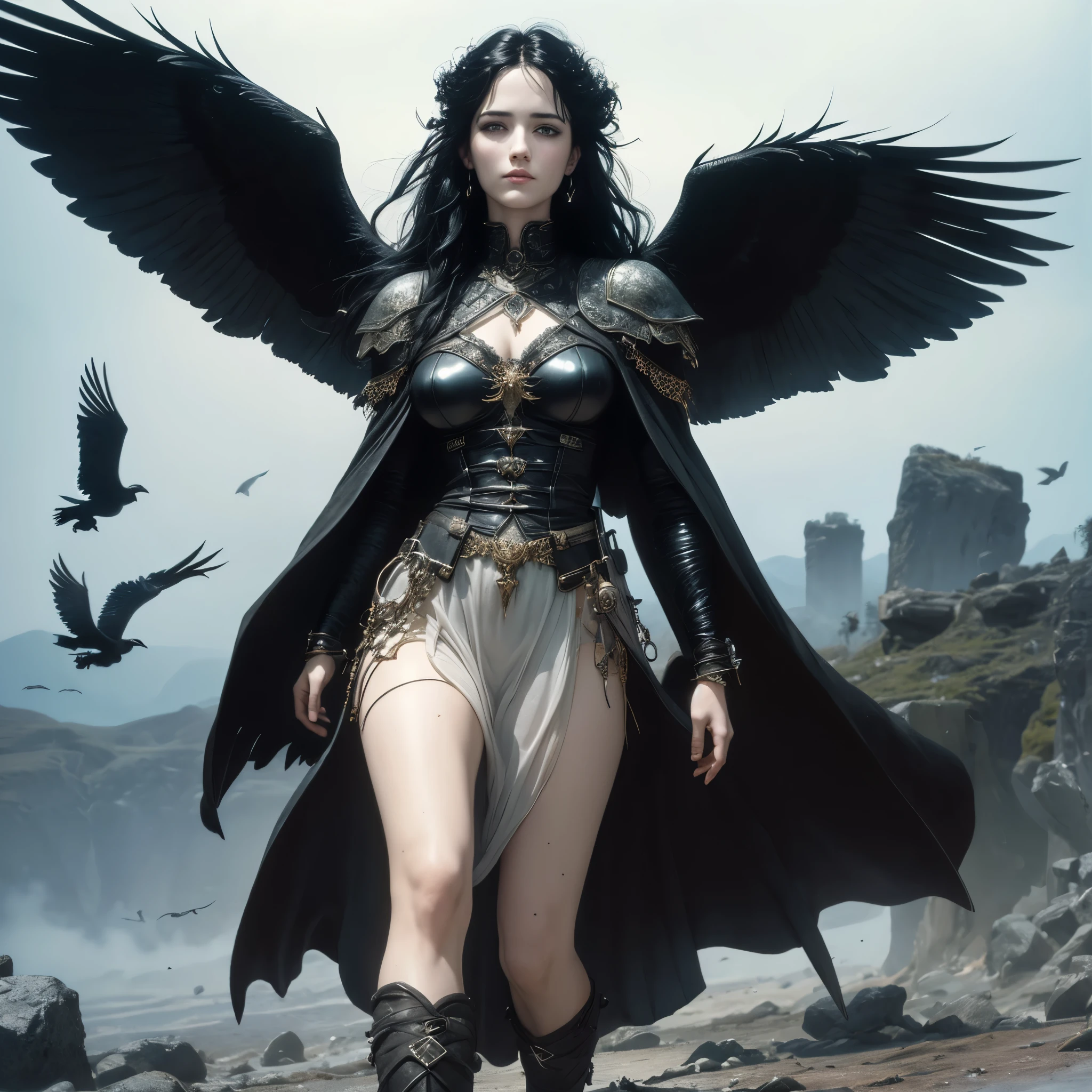 (best quality,4k,8k,highres,masterpiece:1.2),ultra-detailed, Irish Goddess the Morrigan, 3v4gr33n, raven black hair, cold dark eyes, standing on a celtic battlefield, sky filled with ravens, corpses on the ground, drawn in the style of Yoshitaka Amano, HDR, 8k, absurdres, cinestill 800, sharp focus