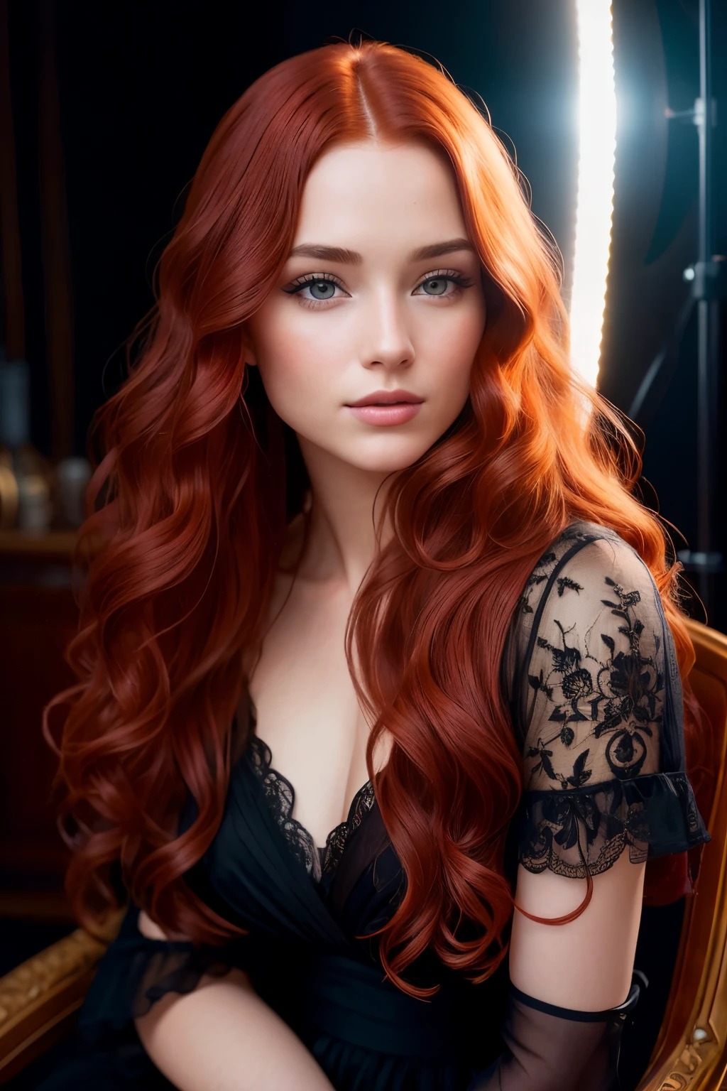 Beautiful redhead girl with brown eyes and long hair, (Extra long wavy red tresses), ((Portrait)), ((Detailed face:1.2)), ((detailed facial features)), (finely detailed skin), fair complexion, , sitting elegantly on a vintage chair, Studio environment, Radiating confidence, (Fashionable black dress), Reflectors, (Studio light setup), (Photorealistic rendering), (High resolution: 4K or above), (Sharp rendering: Retina ready), Masterpiece, (Cinematic mood), Captured using Canon EOS R6, 85mm Lens, F/1.4, Natural light, (Detailed