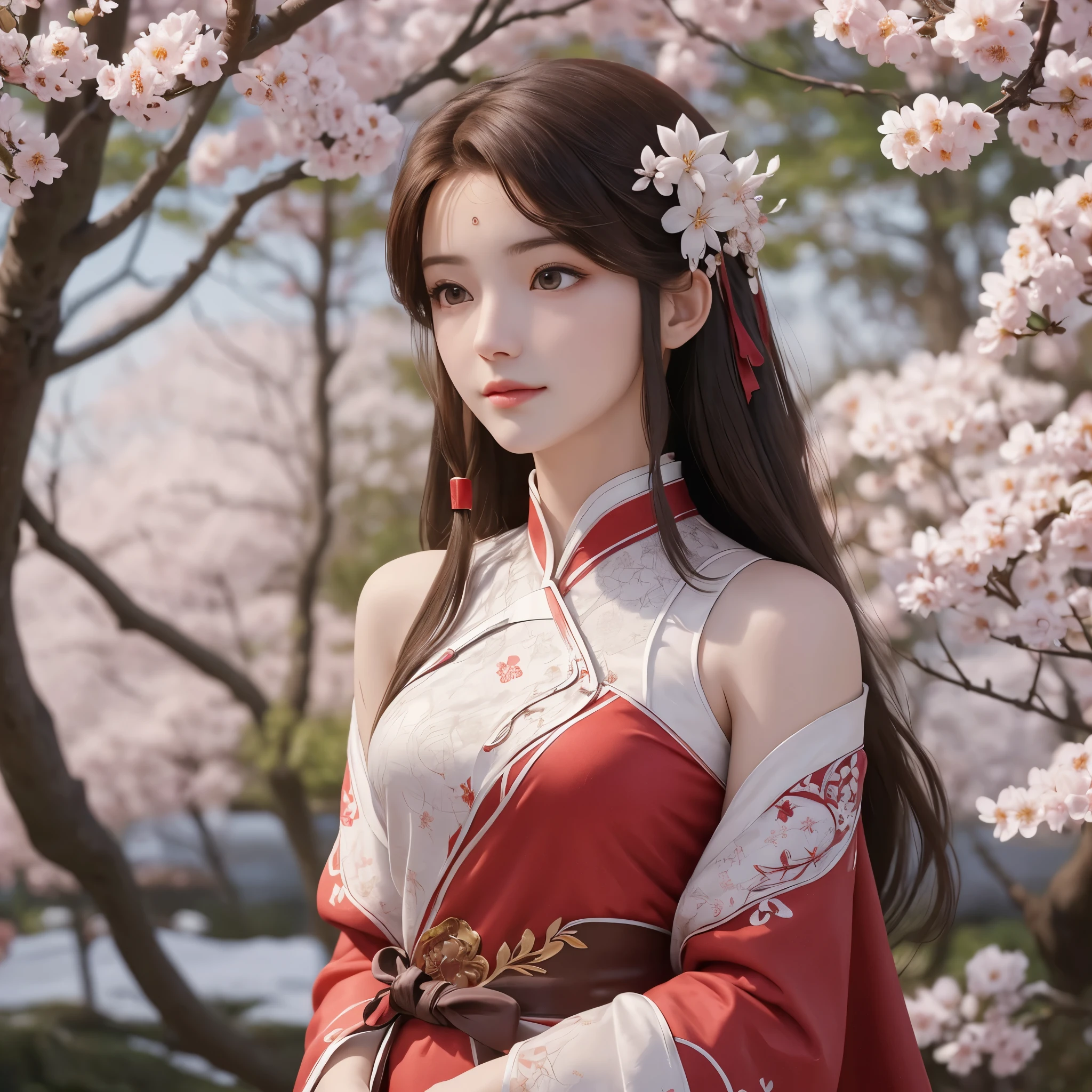 Beautiful girl with long brown hair, bright brown eyes, sweet smile, snow white skin,Her long hair is decorated with red mulberry flowers 🏵️,The girl wore a simple traditional white hanfu with a red cloth tied around her waist, Forest setting filled with mulberry tree ,sakura blossoms, beautiful oriental look in simple traditional hanfu ,full-body photoshot view, perfectly drawn hands and body parts,1 , solo , A Beautiful girl wearing sleeves, wearing sakura flower as Headwear on hair ,under a tree, mulberry sakura flowers, realistic graphics, perfect body photoshot view, intricate detailed garden view, sakura blossoms, central focusing on girl in graphics,  wavering at viewer, full-body photoshot various pose, full length photoshot pose,various photoshot pose for illustrations of complete body collection, wearing a traditional simple white hanfu with a red cloth tied around her waist, full-body photoshot, 8k ,sitting under a sakura blossoms tree 