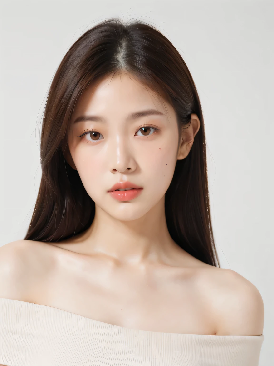 Korean actress, Single woman, Light brown straight hair...., Soft details, White dress, Deep contrast, Minimalist style, Shows the best basic style..... ,Gorgeous face,(Off shoulder),Sexy pink dress ,Elegant,sunlit,studio background,bust, camera in full focus,jewelry neck