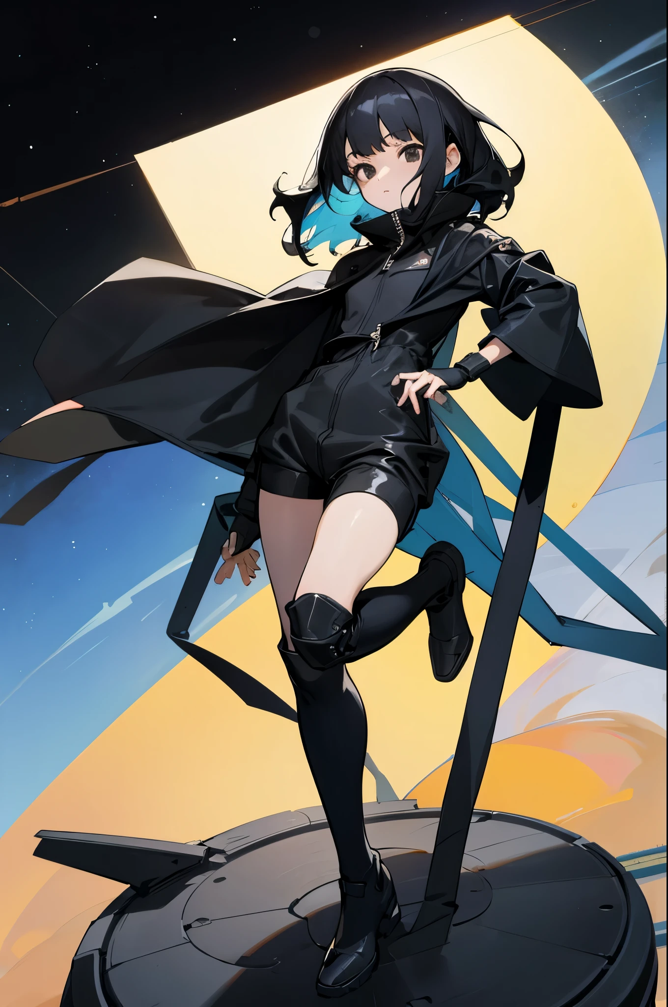 adult, female, black hair, black eyes, poncho, black cloak, Jump Suit. Space Ship, Tall, Masterpiece Quality, Perfect Generation.