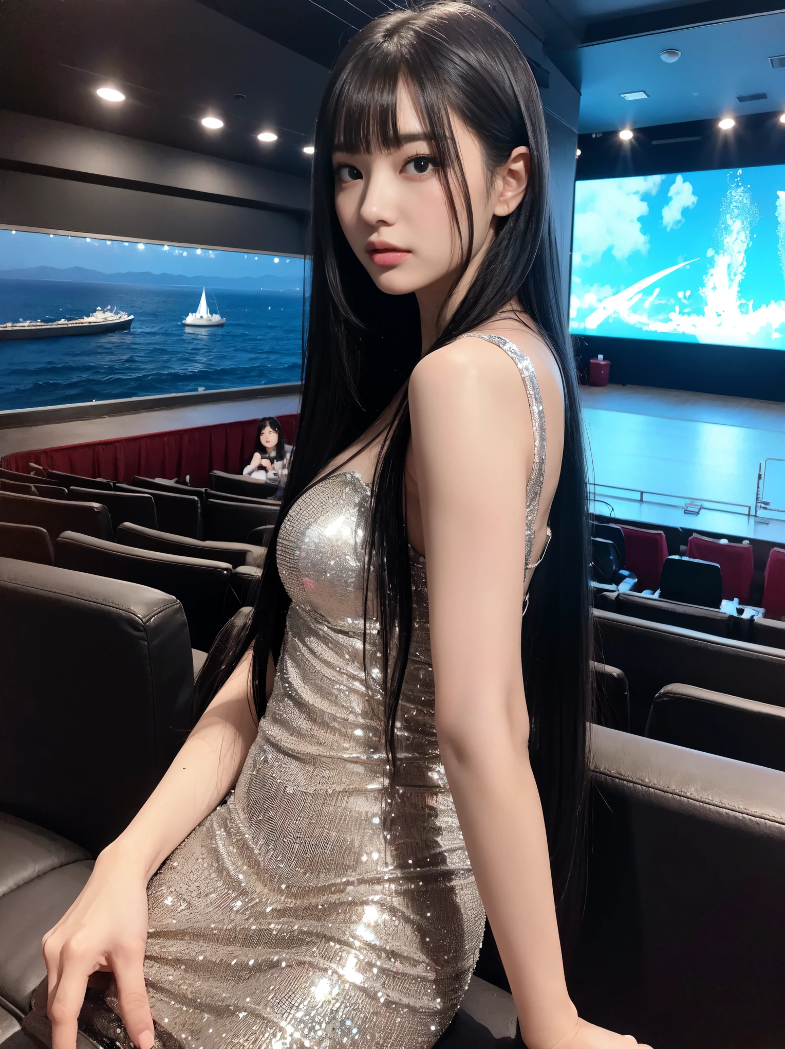 （In 8K, highest quality, pieces fly:1.2)、ultra high resolution、20 year old beauty,super detailed face,fine eyes,long eyelashes,black eye,glossy lips,I will polish,break,silver blue hair,straight hair、long hair,dull bangs,break, mermaid sheer dress,movie theater lighting、Titanic with sea view,Are standing,detailed hand fingers、alone、look back