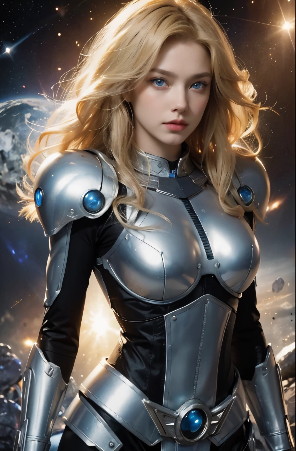 A beautiful woman. 20s. Blonde hair and blue eyes. She is looking at the camera with a defiant expression. She wears a silver metallic battle uniform. There is something on his waist that is reminiscent of Kamen Rider's transformation belt. In her background is an image of outer space and a giant space battleship. A masterpiece.