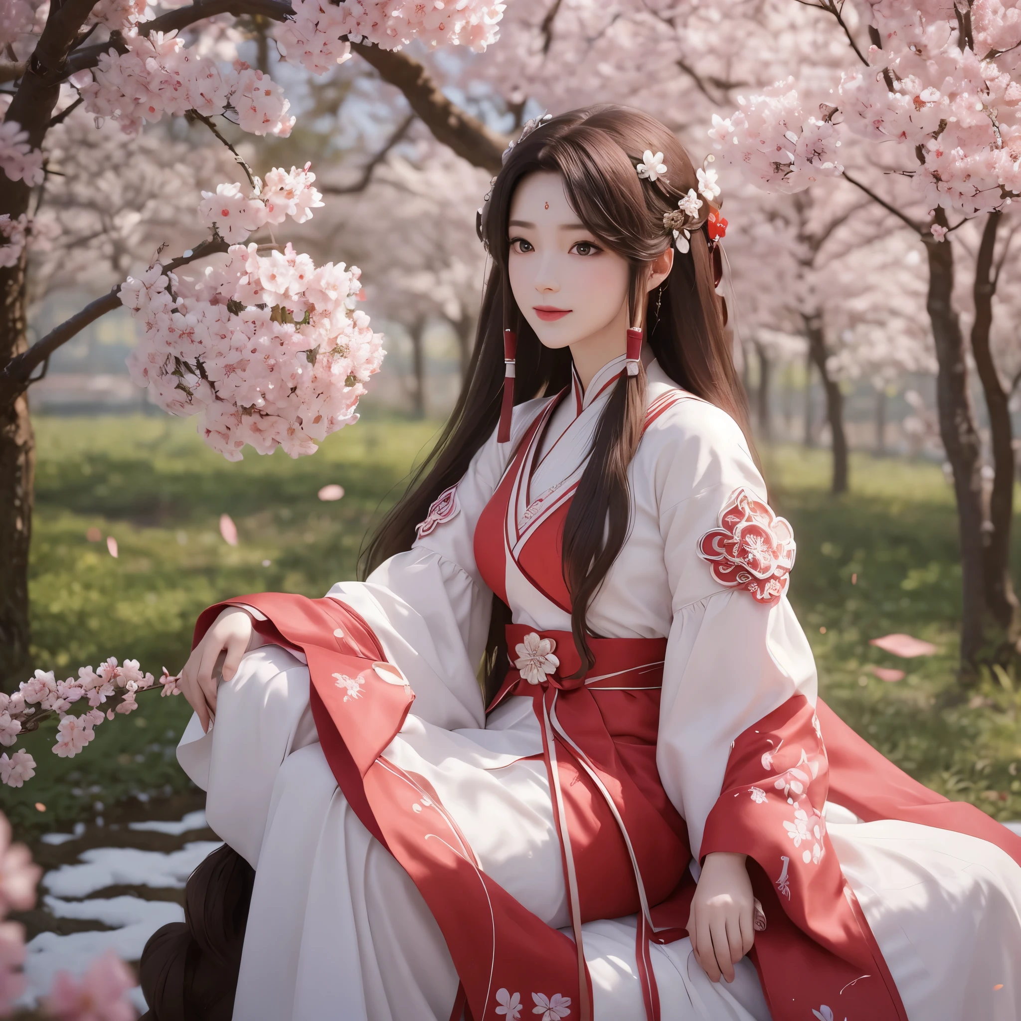 Beautiful girl with long brown hair, bright brown eyes, sweet smile, snow white skin,Her long hair is decorated with red mulberry flowers 🏵️,The girl wore a simple traditional white hanfu with a red cloth tied around her waist, Forest setting filled with mulberry tree ,sakura blossoms, beautiful oriental look in simple traditional hanfu ,full-body photoshot view, perfectly drawn hands and body parts,1 , solo , A Beautiful girl wearing sleeves, wearing sakura flower as Headwear on hair ,under a tree, mulberry sakura flowers, realistic graphics, perfect body photoshot view, intricate detailed garden view, sakura blossoms, central focusing on girl in graphics,  wavering at viewer, full-body photoshot various pose, full length photoshot pose,various photoshot pose for illustrations of complete body collection, wearing a traditional simple white hanfu with a red cloth tied around her waist, full-body photoshot, 8k ,sitting under a sakura blossoms tree 