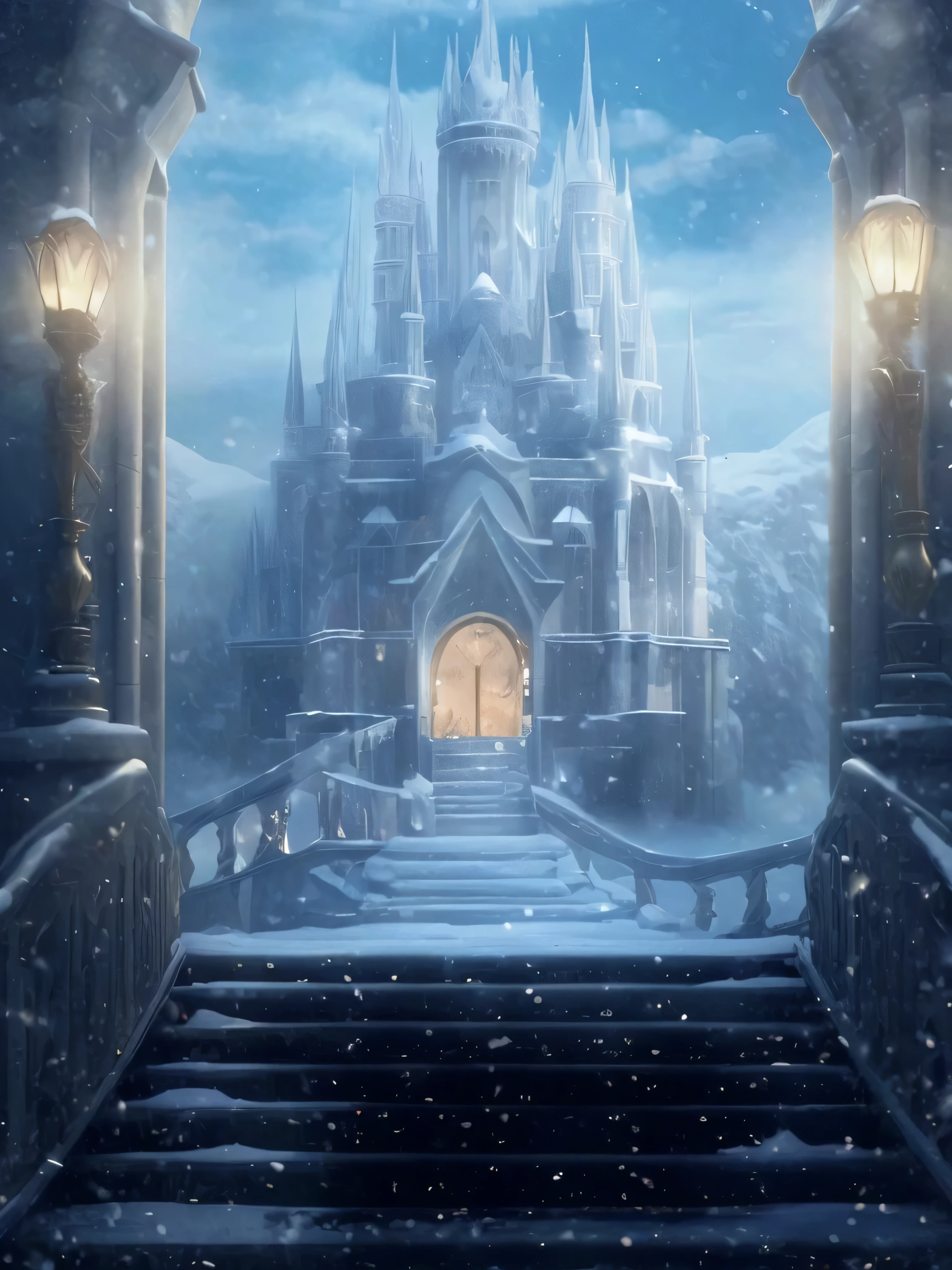 snow castle,There are stairs leading to the door. There are stairs leading to the door., Background of the Kingdom of Light, castle background, winter concept art, winter scene fantasy, Fantasy castle, background artwork, magic castle, Fairy tale style background, beautiful castle, palace background, Beautiful fairy tale rendering, Unreal Engine Fantasy Art, Entering the ethereal realm, anime background art, high Fantasy castle