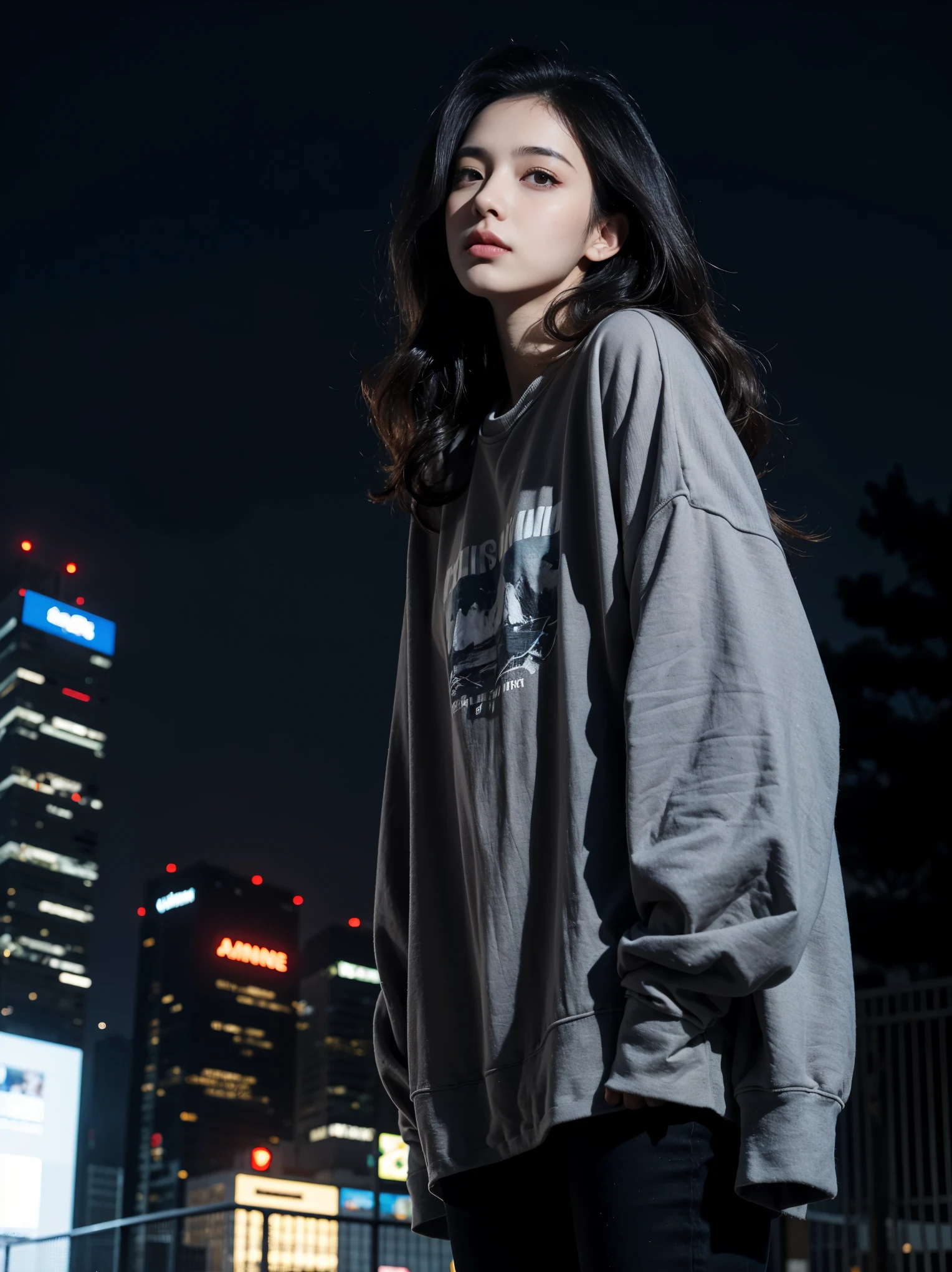 1 girl, beautiful, wavy hair, almond eye, no makeup, grey sweatshirt, oversize_shirt, in front of the fence, City of night, cyberpunk atmosphere, close, (from below:1.2), (realistic:1.2), (surreal:1.3), (very detailed:1.1), ((masterpiece)),