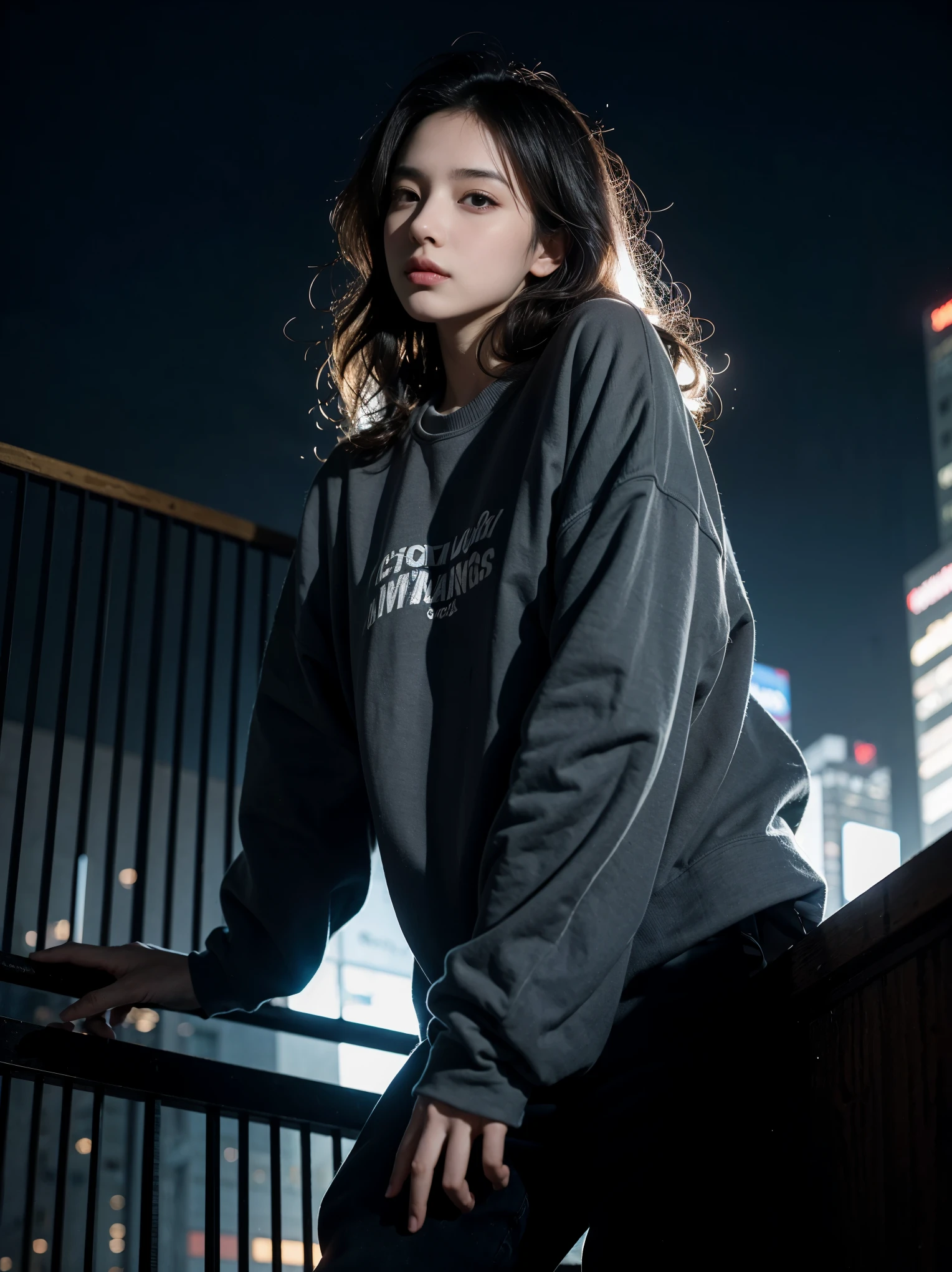 1 girl, beautiful, wavy hair, almond eye, no makeup, grey sweatshirt, oversize_shirt, in front of the fence, City of night, cyberpunk atmosphere, close, (from below:1.2), (realistic:1.2), (surreal:1.3), (very detailed:1.1), ((masterpiece)),