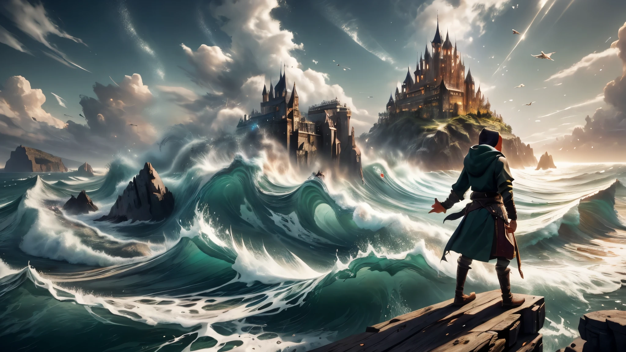 (master piece), 8k, best quality, panoramic view, book illustration, hooded, Wizard, old man, 1.60 meters tall, wearing a dark green tunic, a leather belt and a magic bag, with his arm outstretched , forward, facing the sea, on the sand, from coast to beach, bringing a big wave, by magic, bringing a being, on the piece of wood. without castle